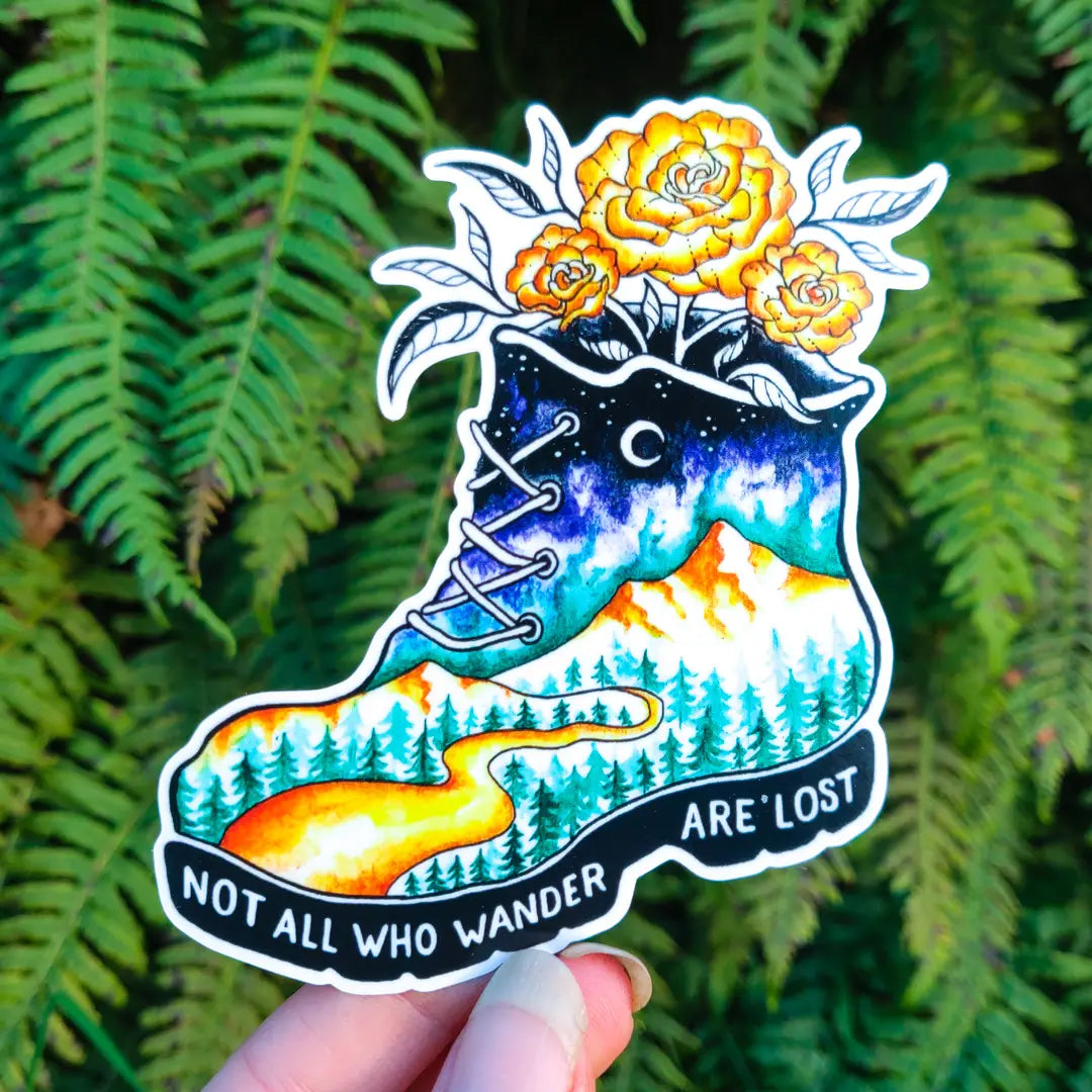 Not All Who Wander Are Lost - Vinyl Sticker Art - Hiking Boots Nature Forest Witchy Moon Floral Mountain Outdoor Camping Watercolor