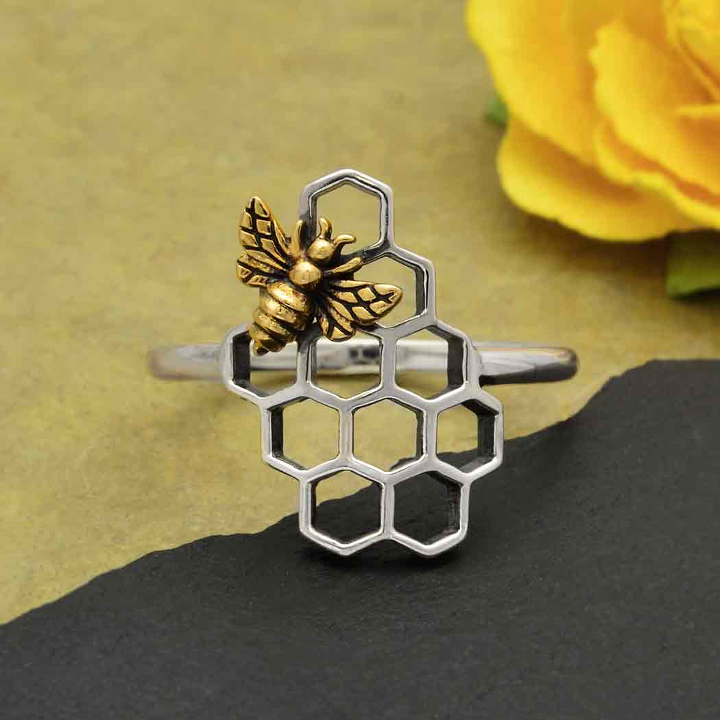 Silver Honeycomb Ring with Small Bronze Bee