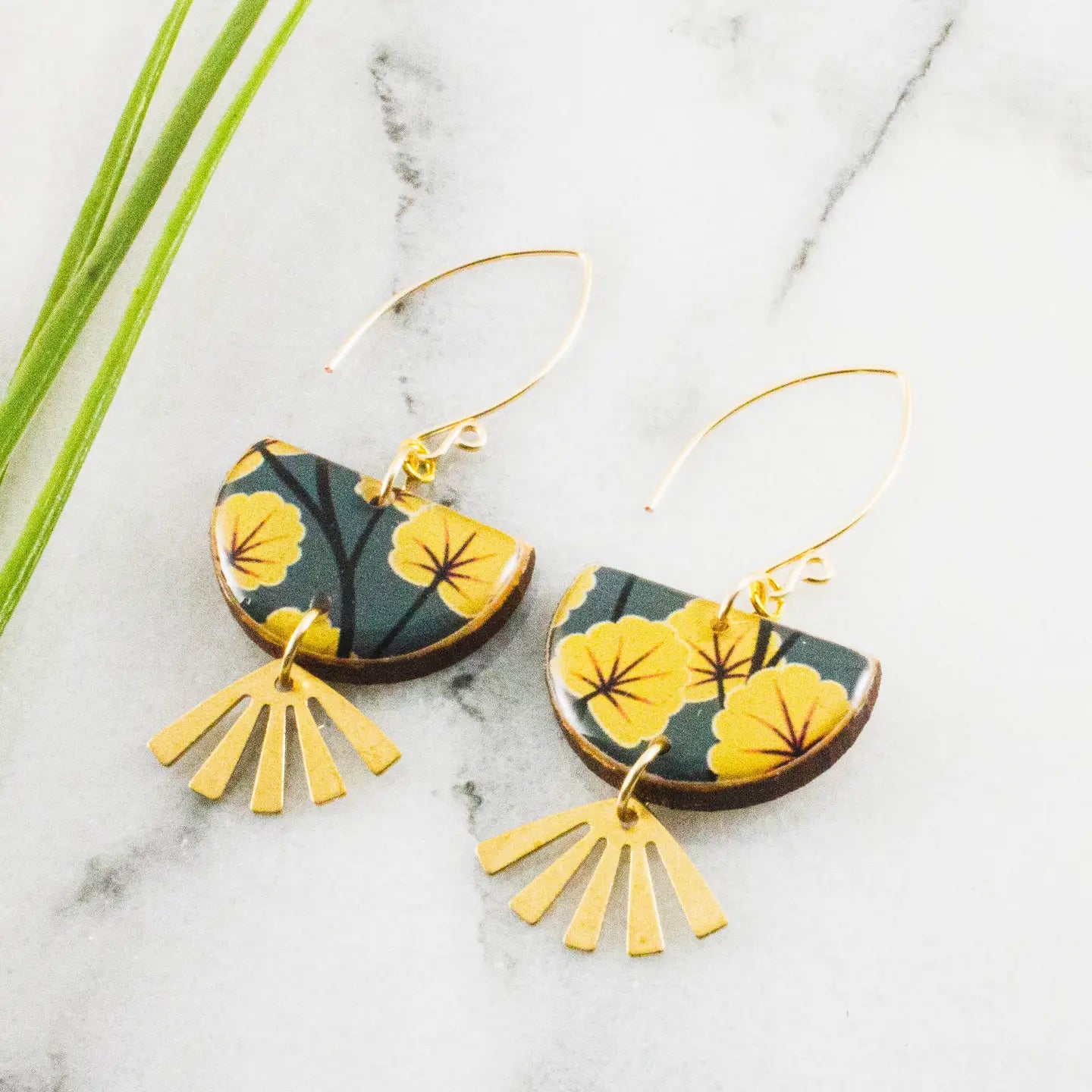 Yellow + Grey Floral Brass Fan Earrings