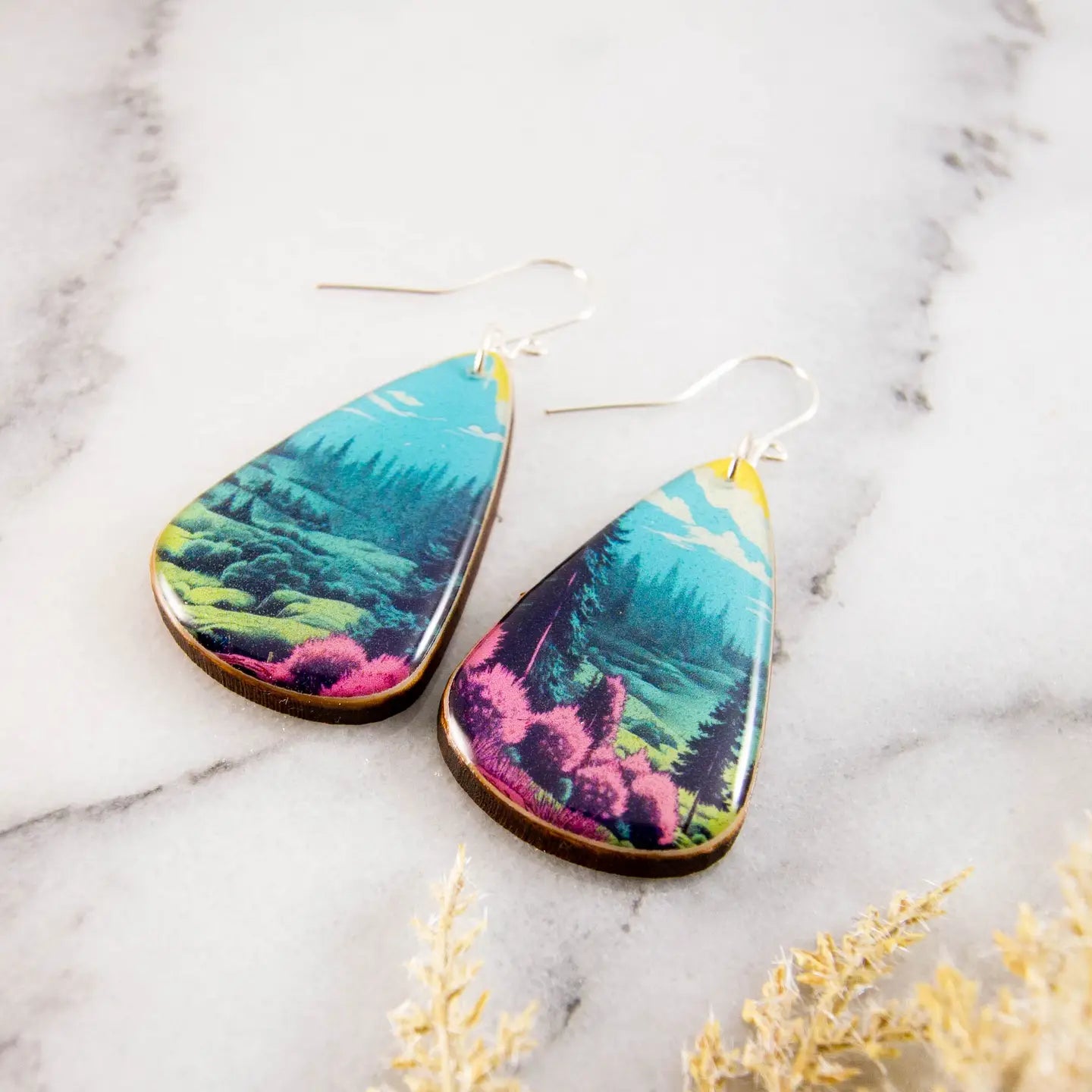 Pastel Forest Scene Oversize Teardrop Earrings
