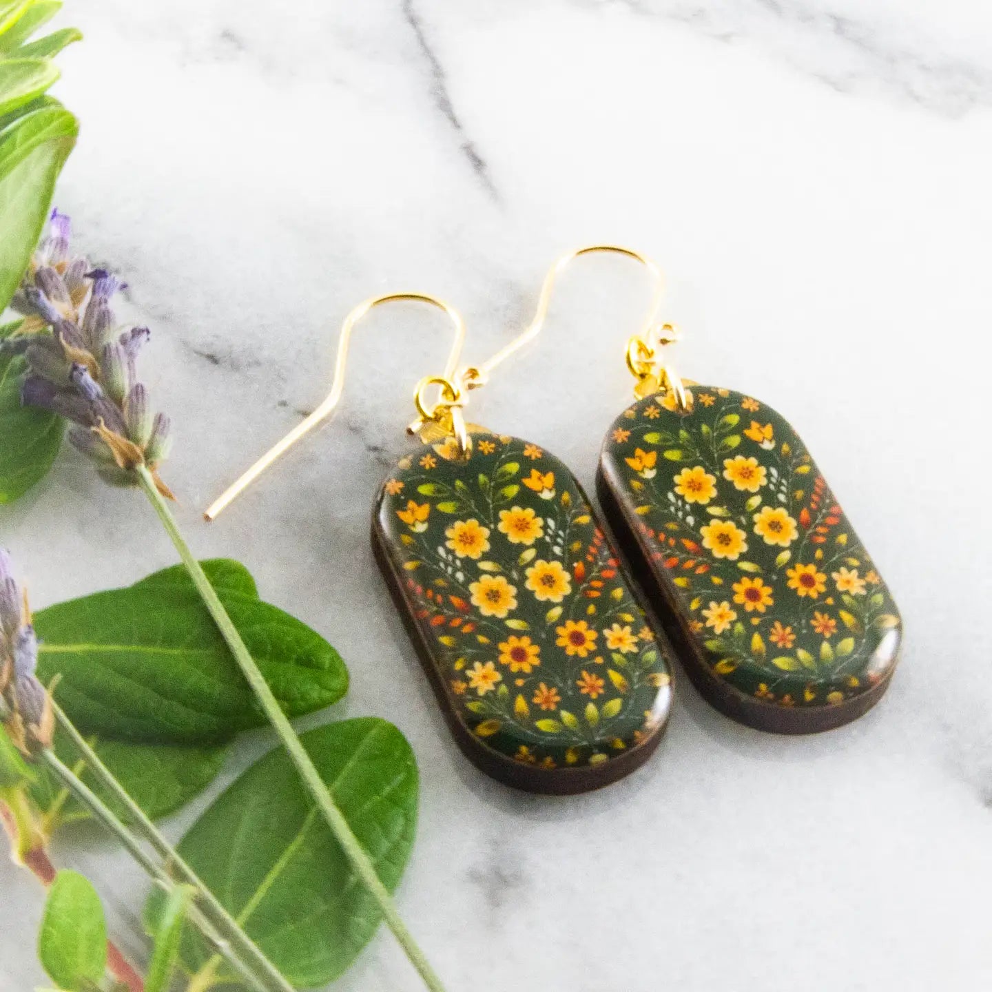 Green + Yellow Vintage Floral Oblong Earrings