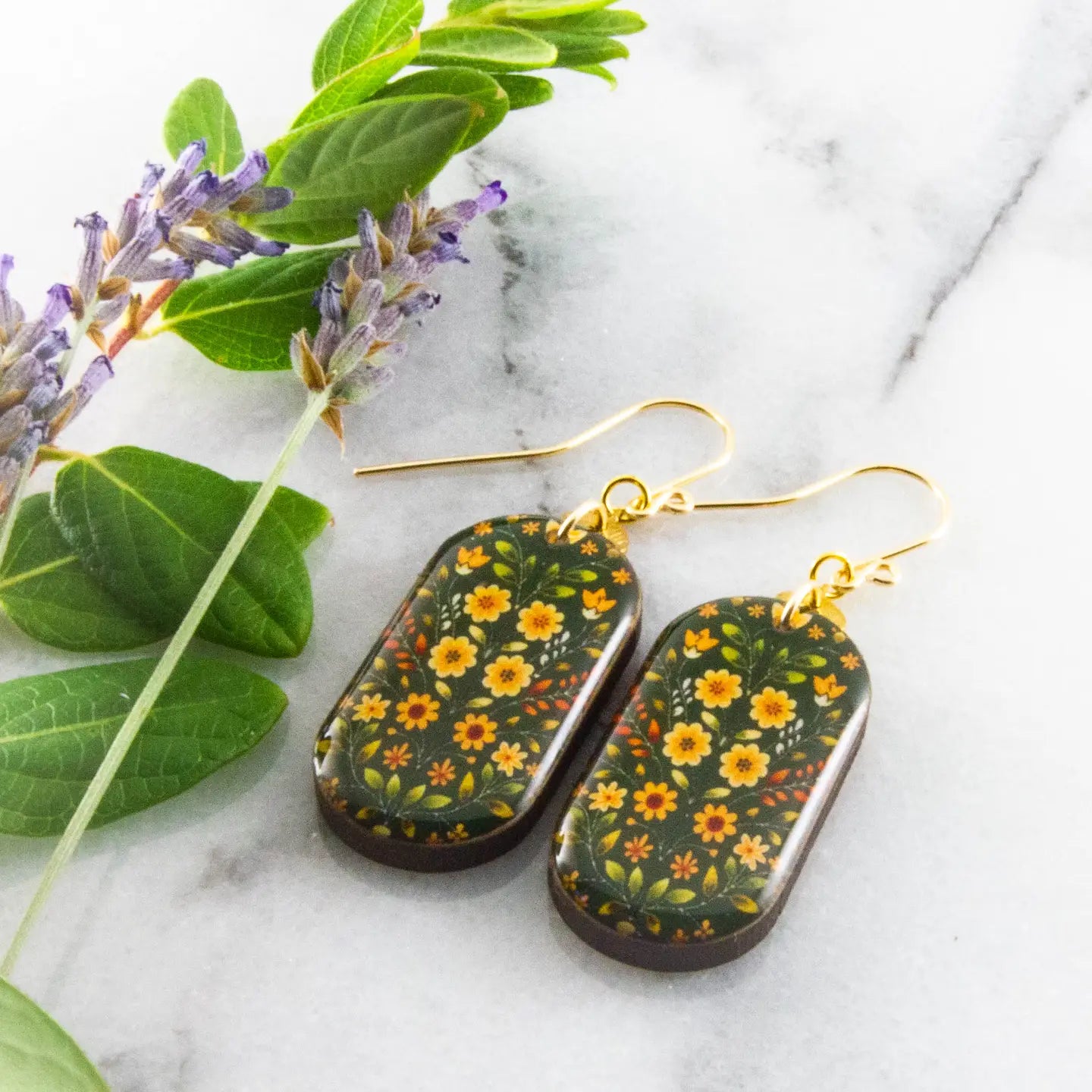 Green + Yellow Vintage Floral Oblong Earrings
