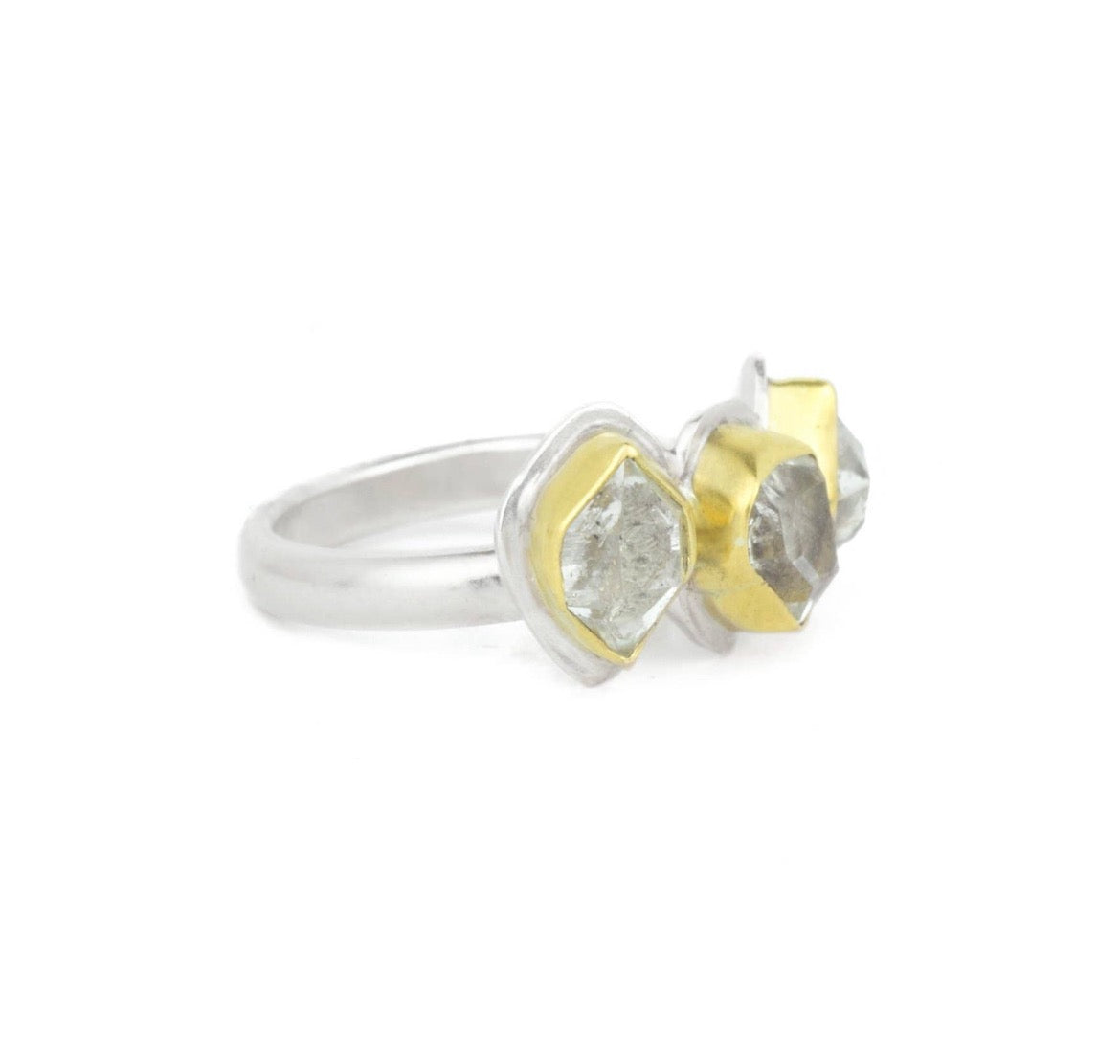 Herkimer Diamond + 22k Gold 3 Stone Glacier Ring Shiny Sterling Silver