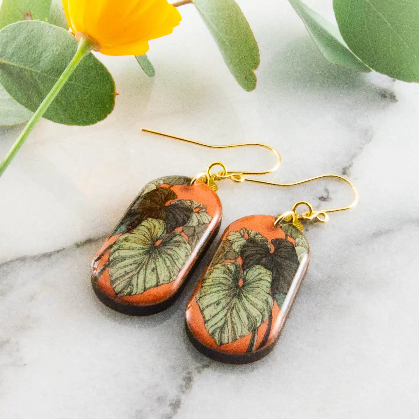 Coral + Green Monstera Leaf Oblong Earrings