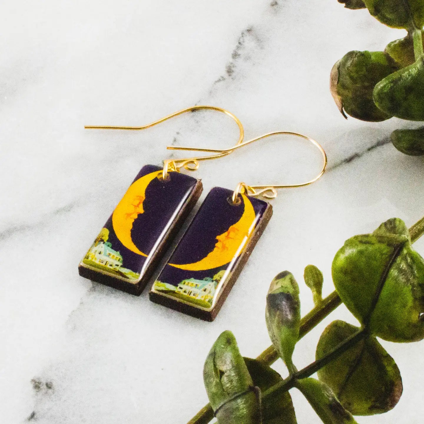 Vintage Crescent Moon Rectangle Earrin