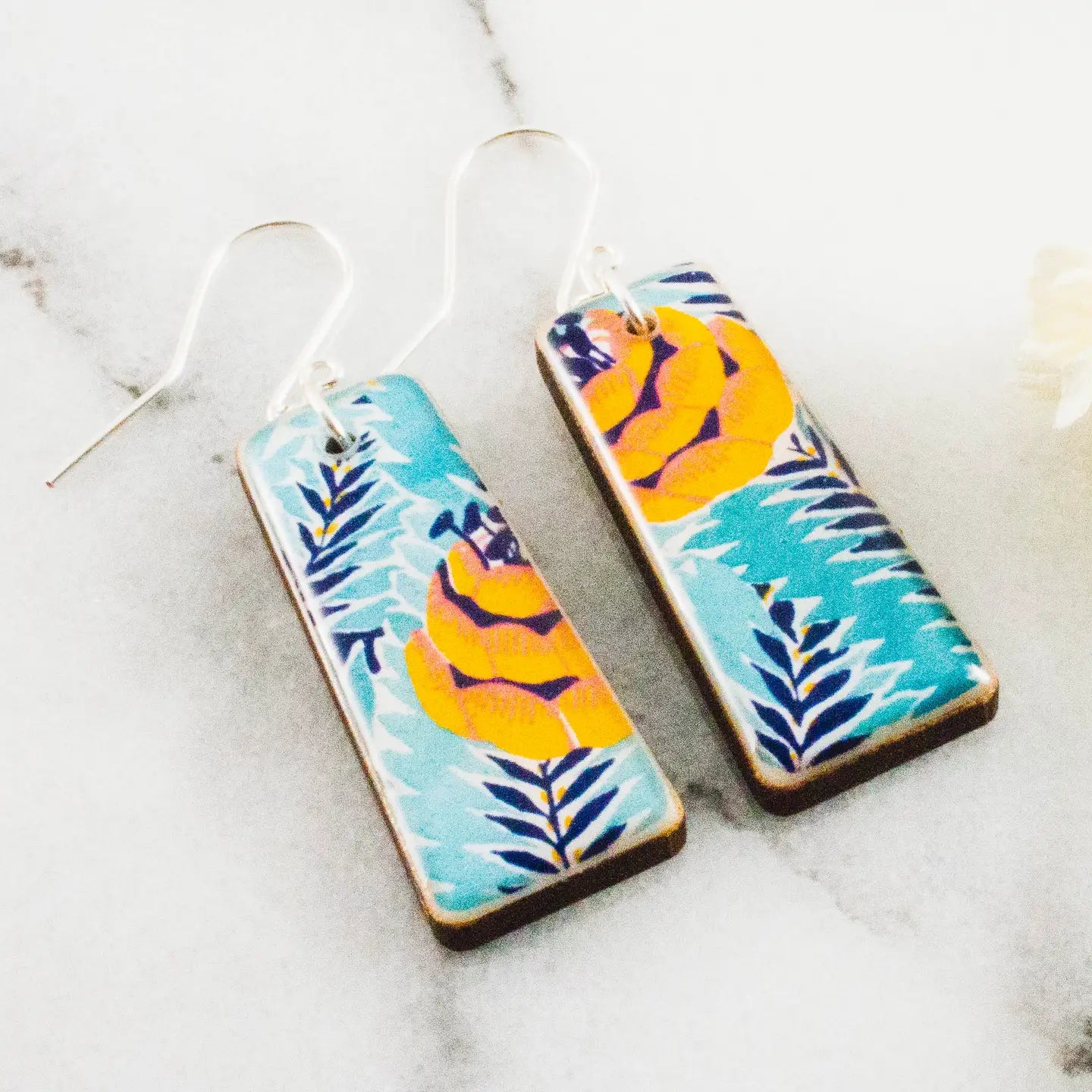 Midcentury Turquoise + Orange Floral Tapered Earrings
