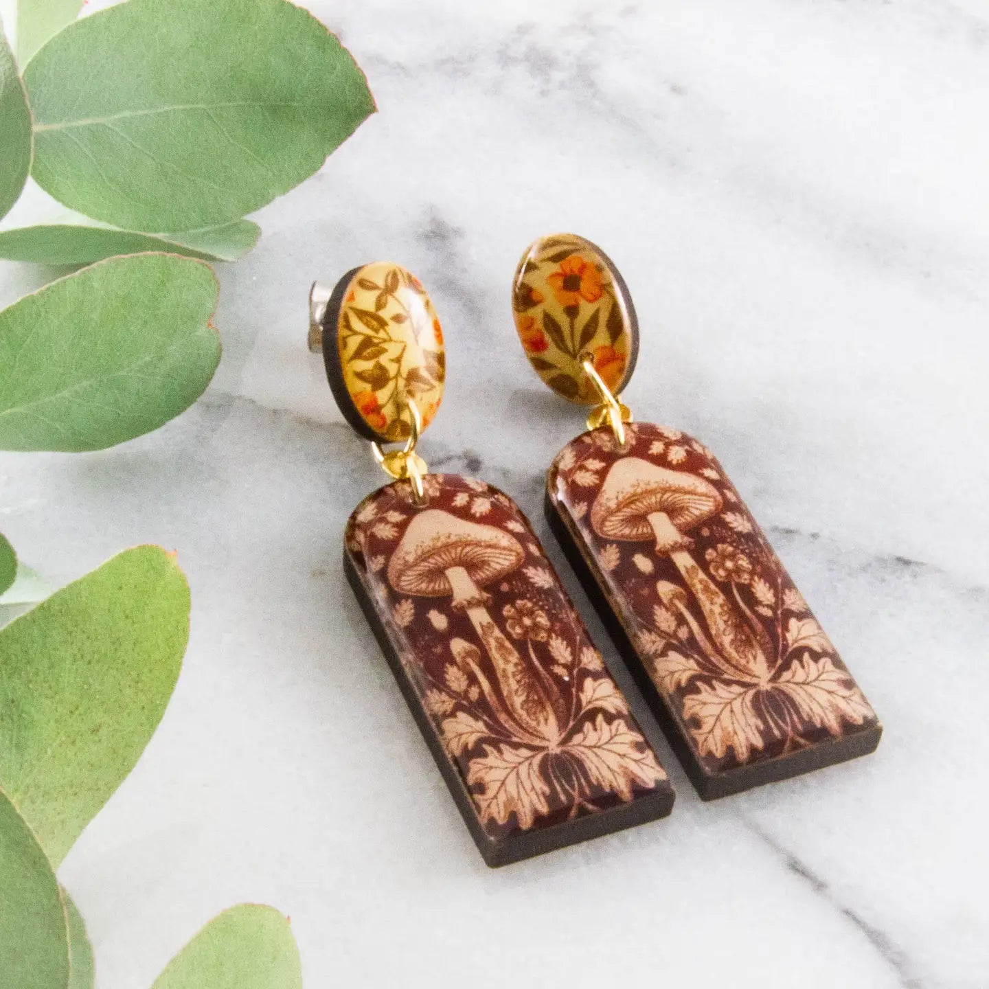 Vintage Brown Mushroom Long Drop Post Earrings