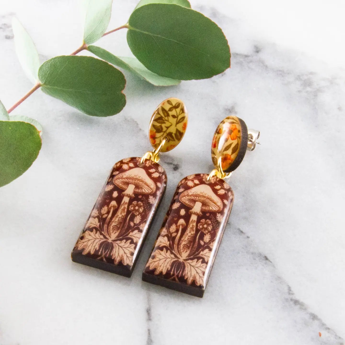 Vintage Brown Mushroom Long Drop Post Earrings