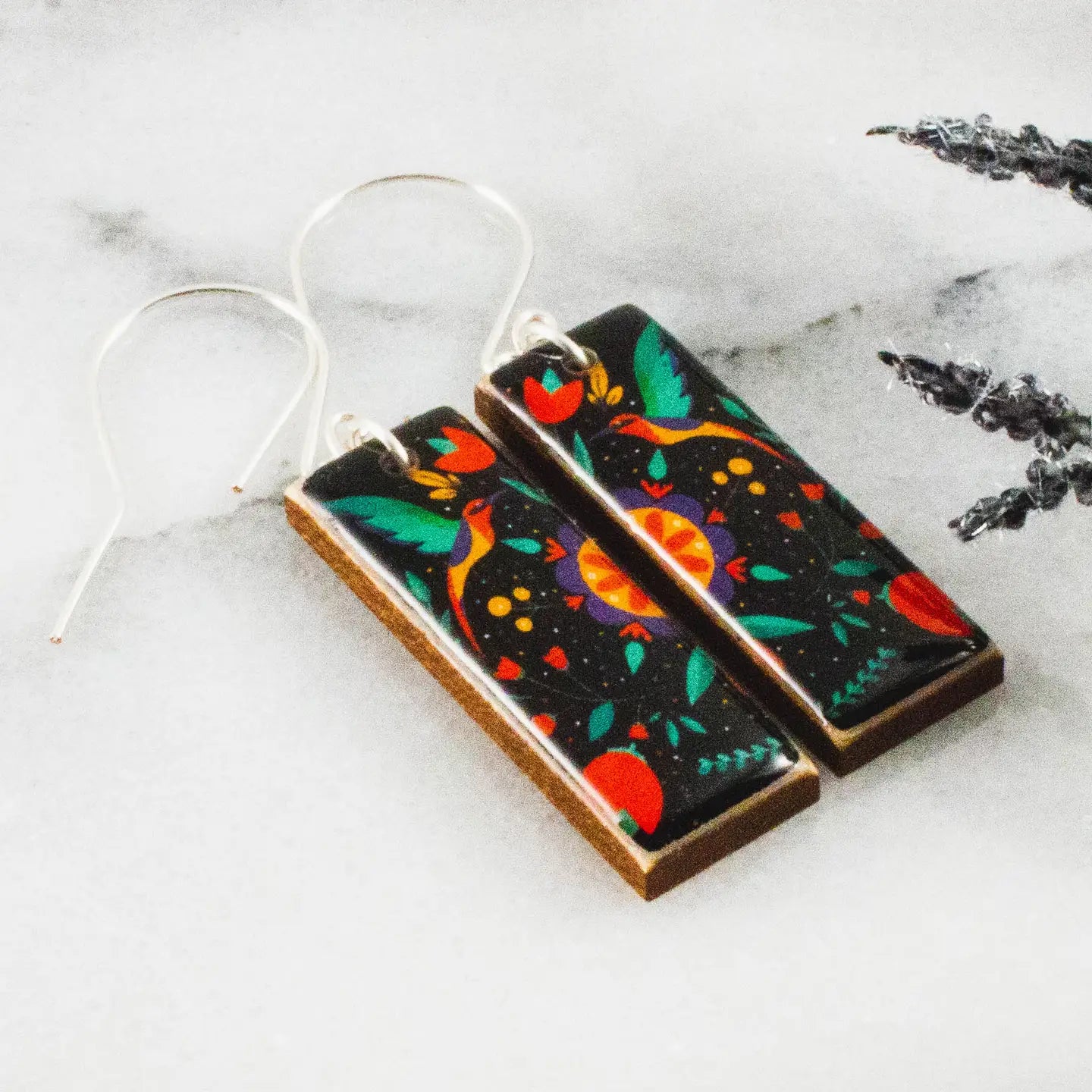 Black Swedish Bird + Flower Rectangle Earrings