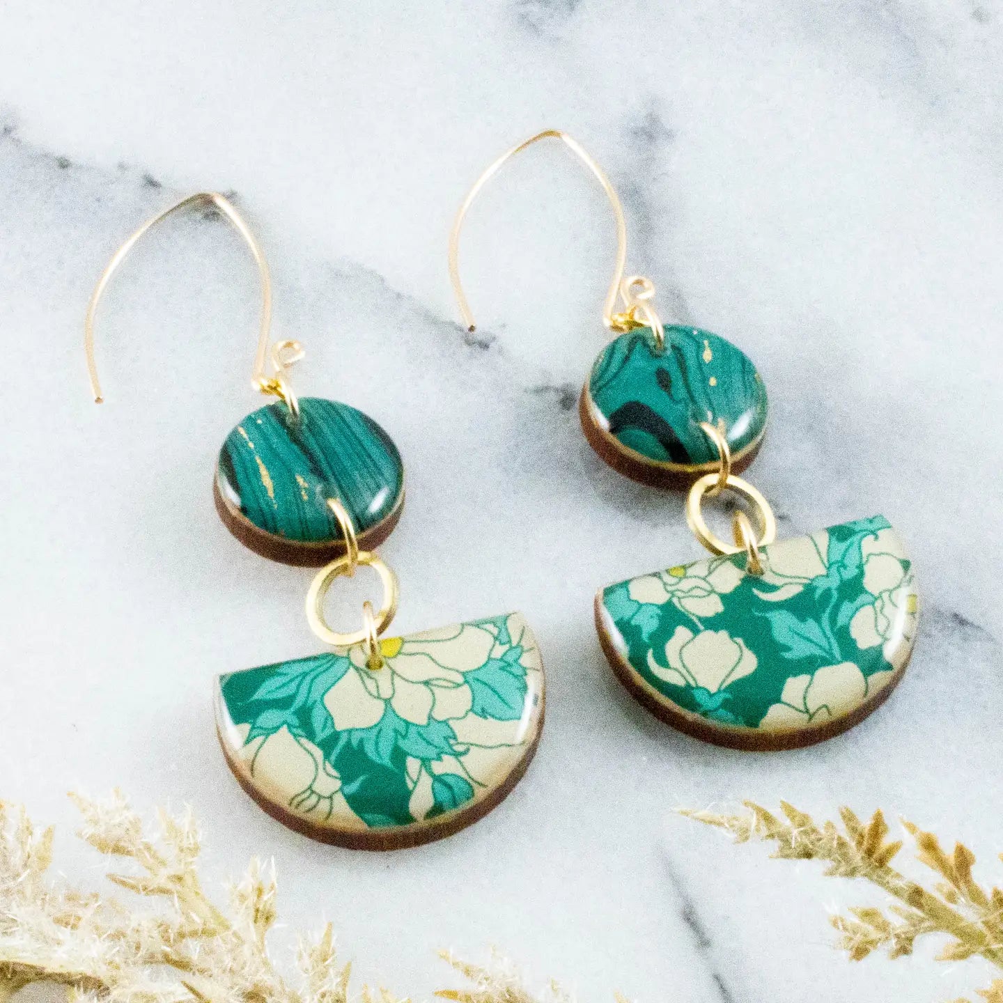 Teal Dogwood Floral Half Circle Stacked Earrings