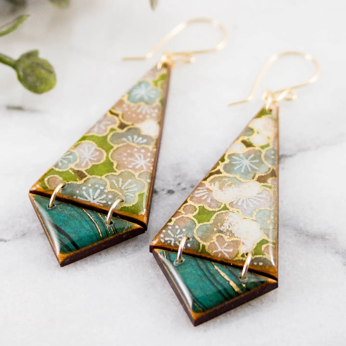 Japanese Double Triangle Earrings- Green Floral