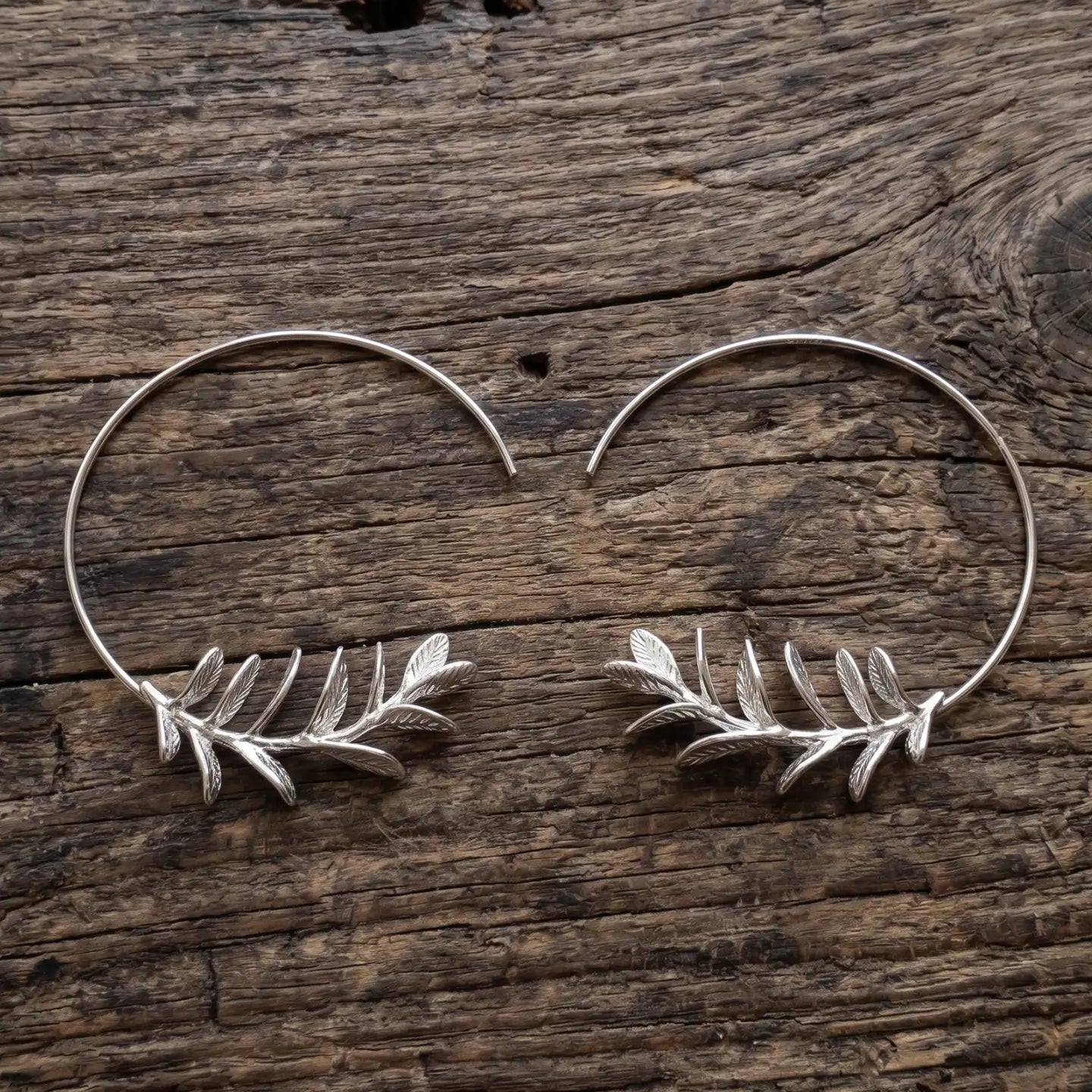 18K White Gold Plated Leaf Branch Open Hoop Earrings | Botanical Celestial Hoop Pair