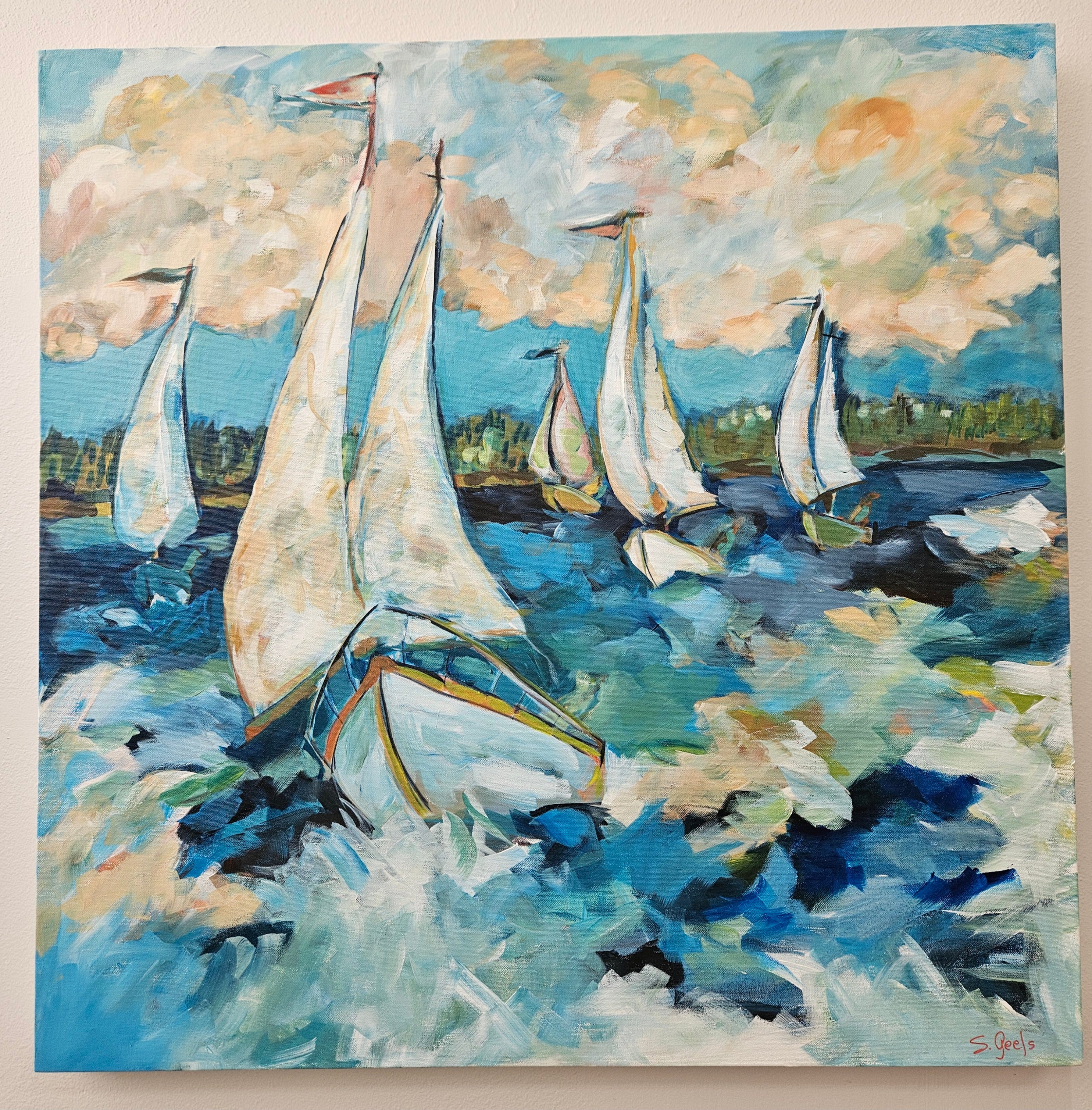 Five Sailboats in Aqua Sea