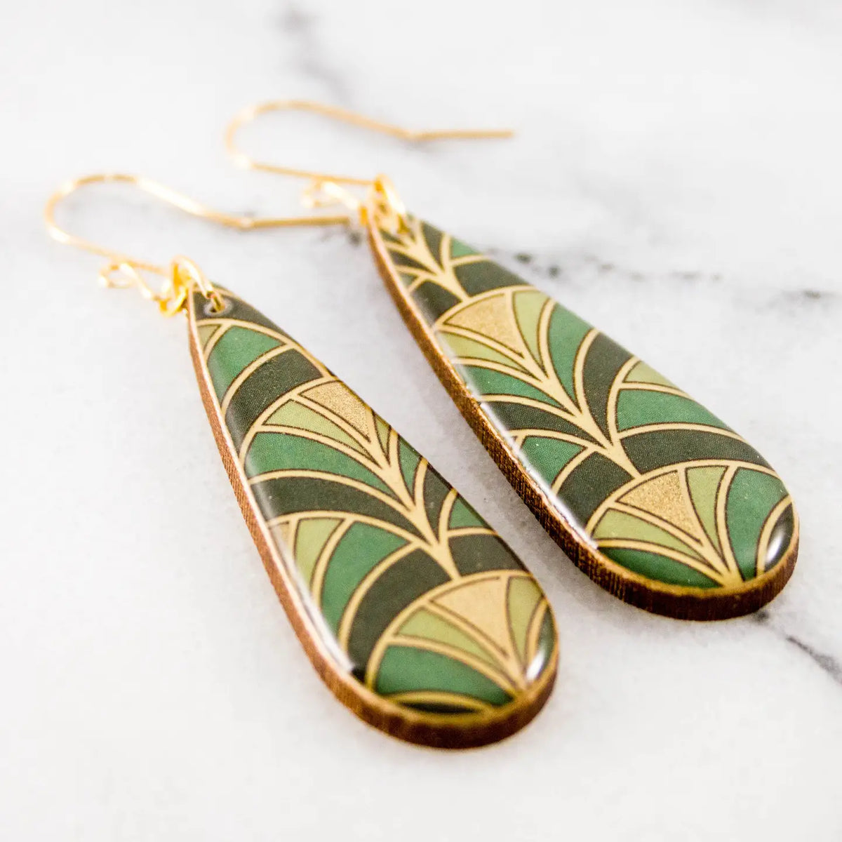 Green + Gold Deco Fan Teardrop Earrings