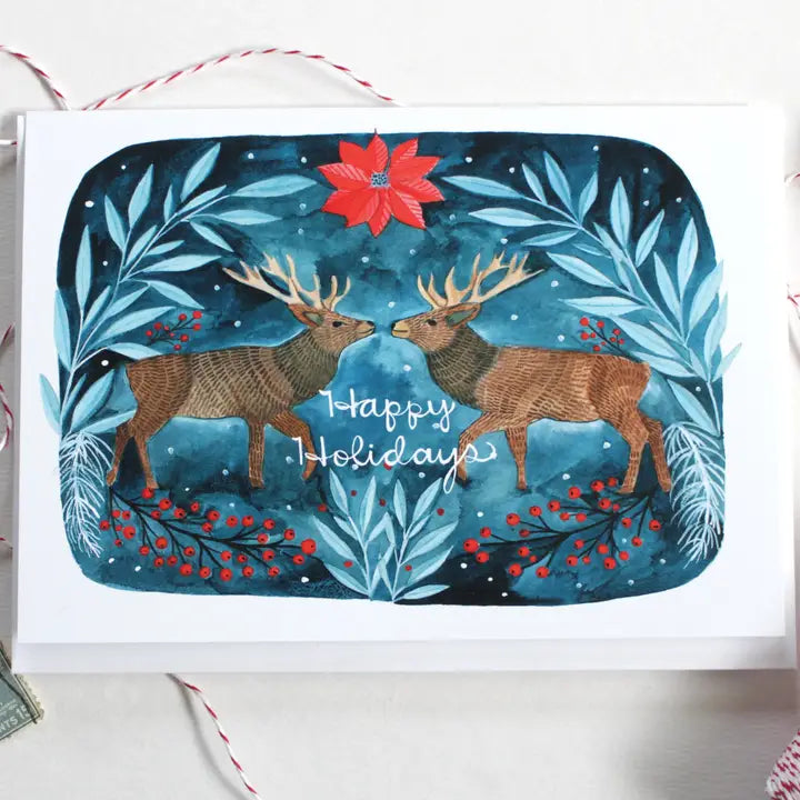 Happy Holidays Two Deer Blank Greeting Card