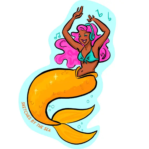 Dancing Mermaid with Headphones and Pink Curls