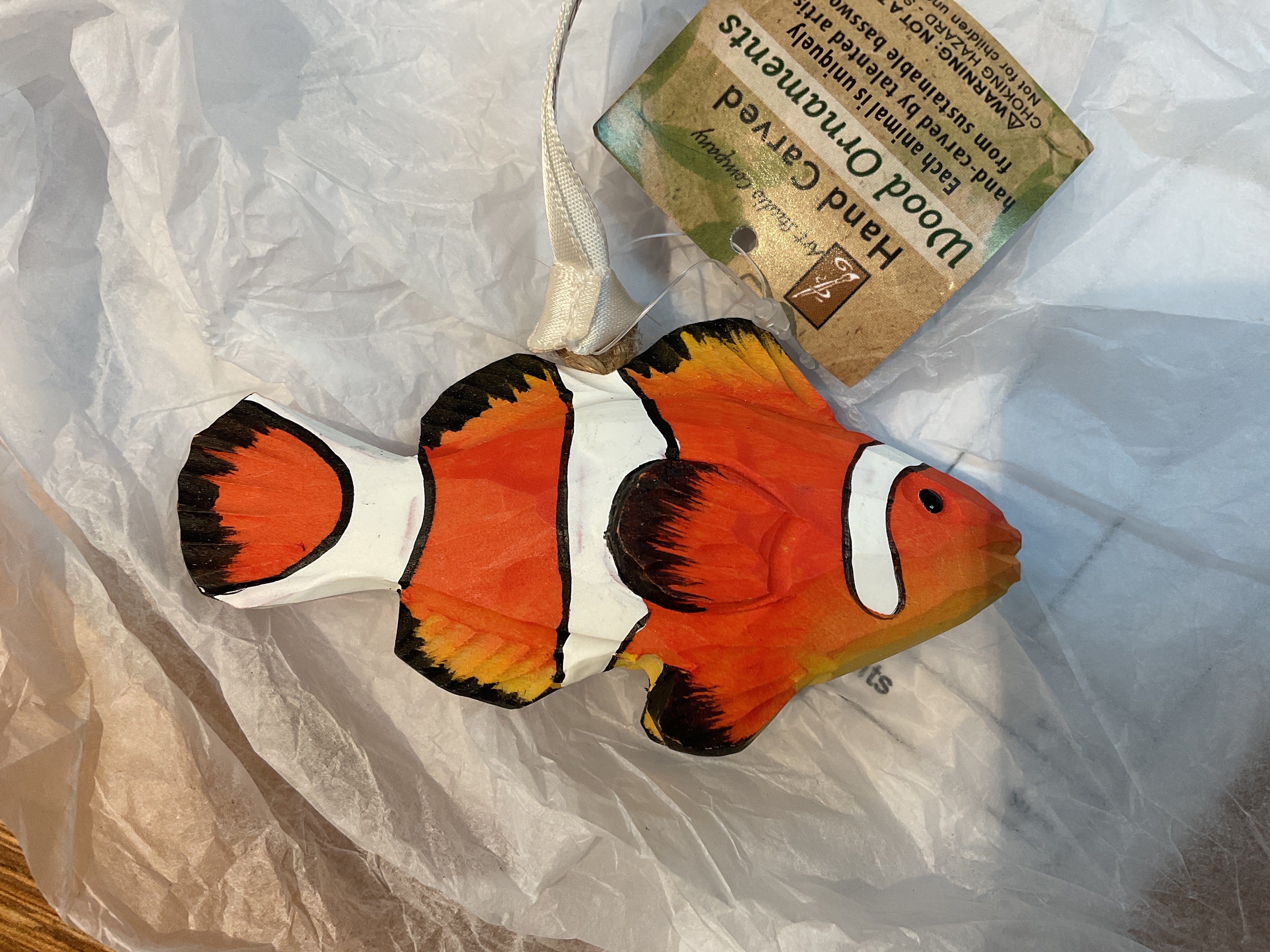 Hand carved wood ornaments clownfish