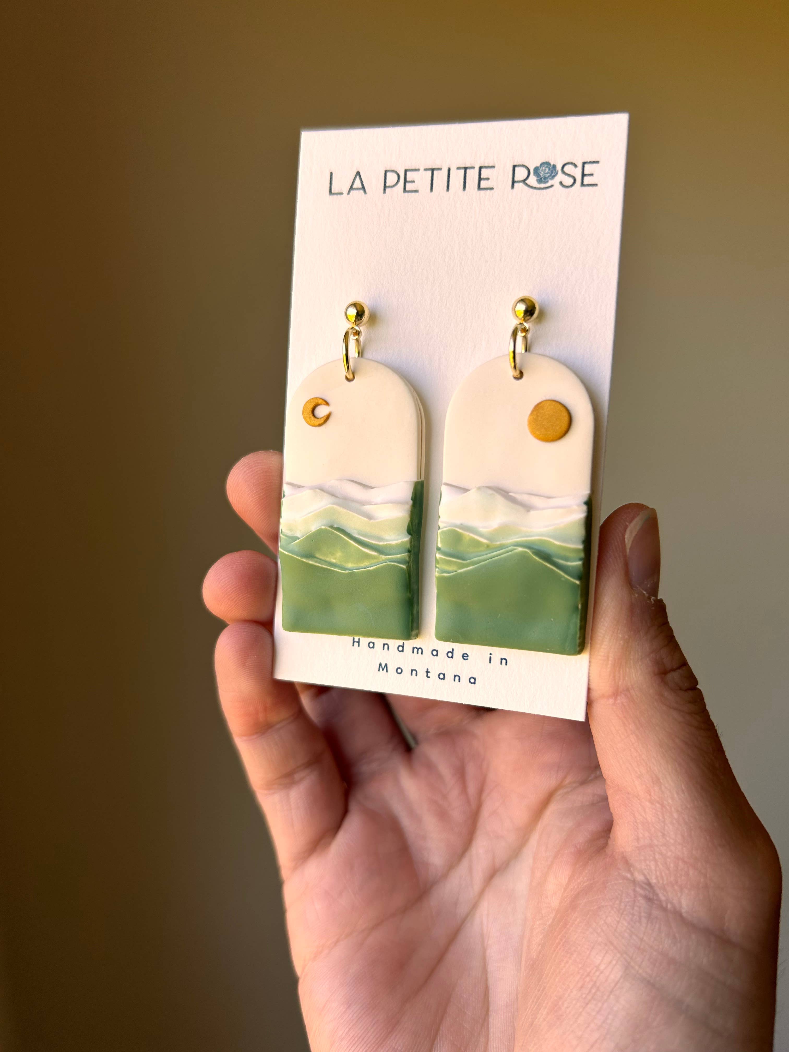 Green Day Night Landscape Earrings, Sun Moon Dangles