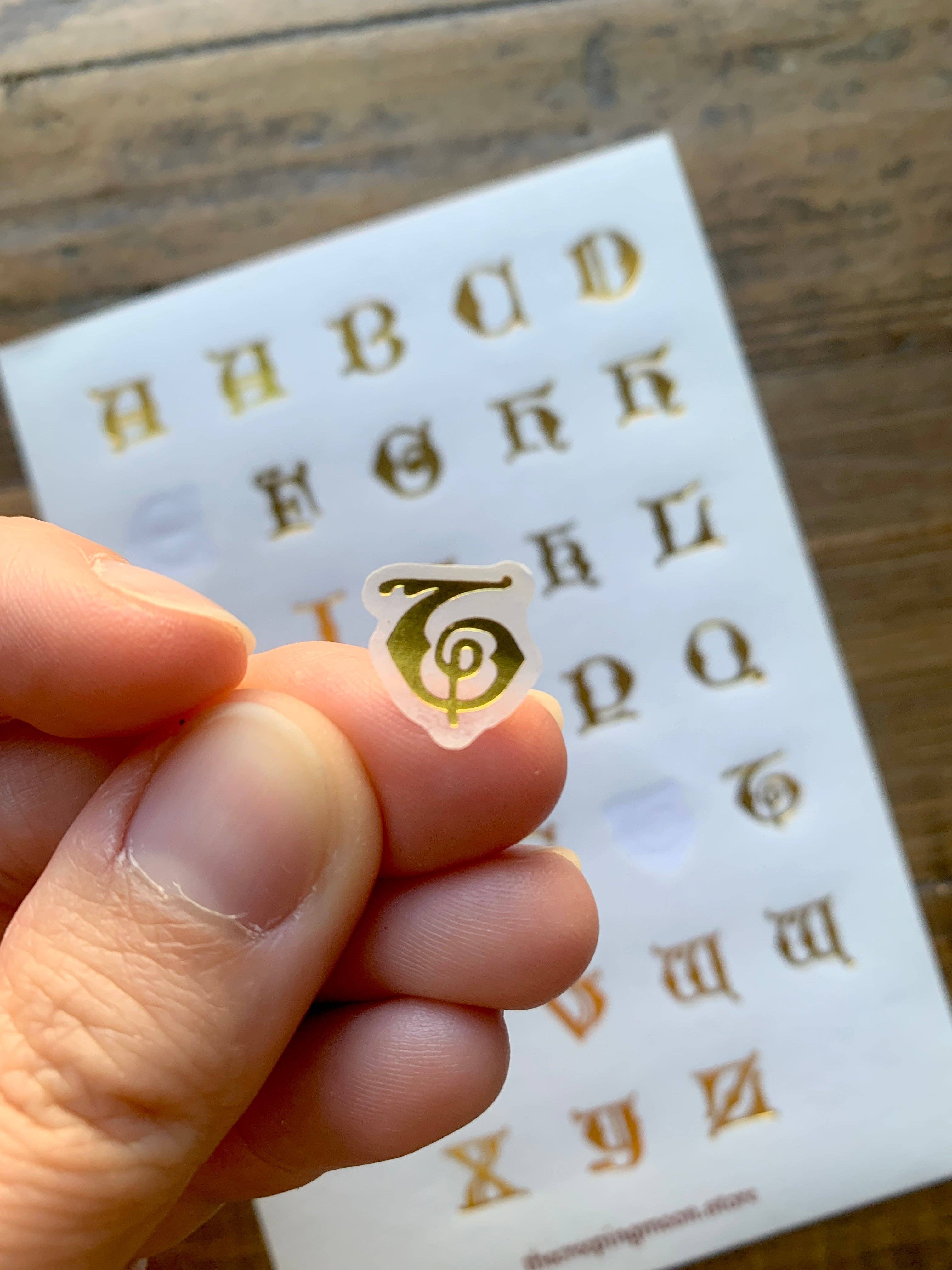 Drop cap letters gold foil sticker sheet