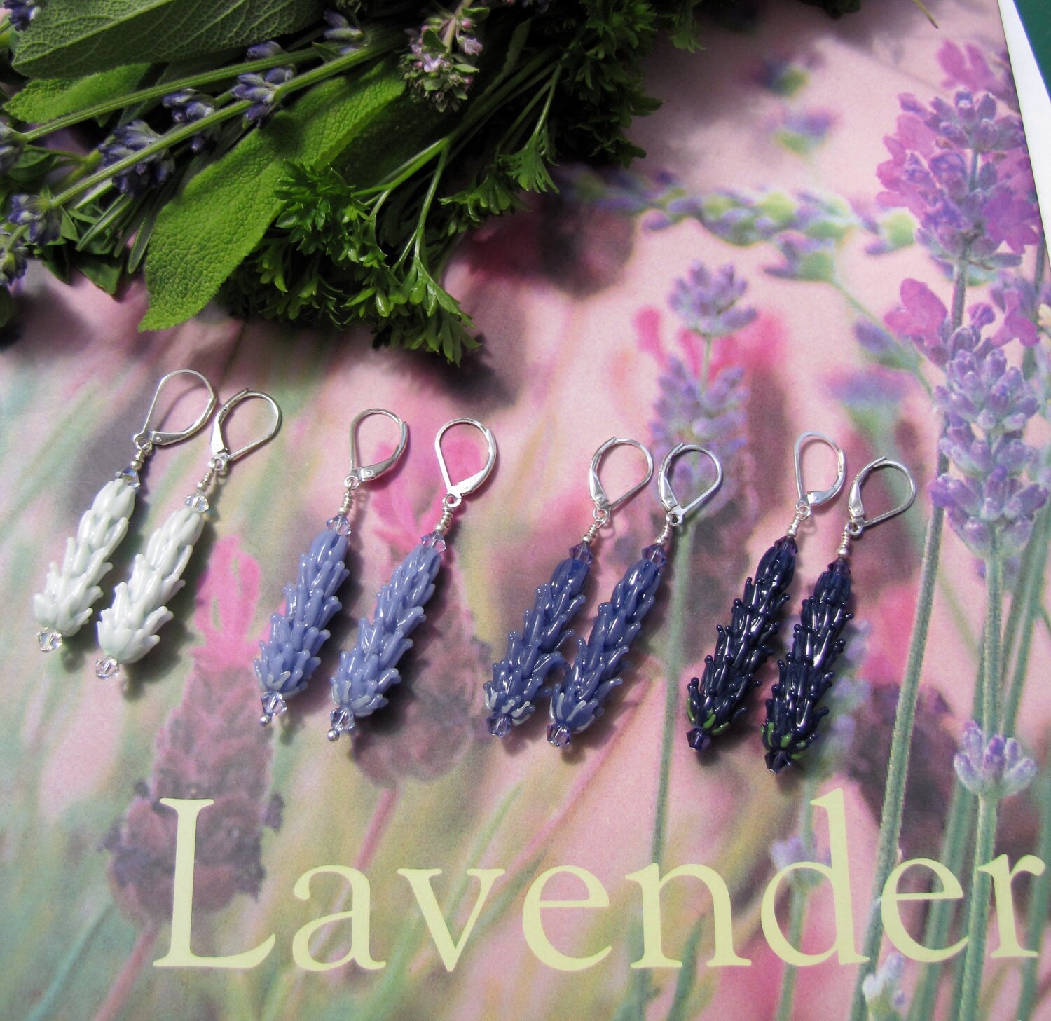 Long Lavender Farm Earrings Handcrafted Glass, Silver, Cz