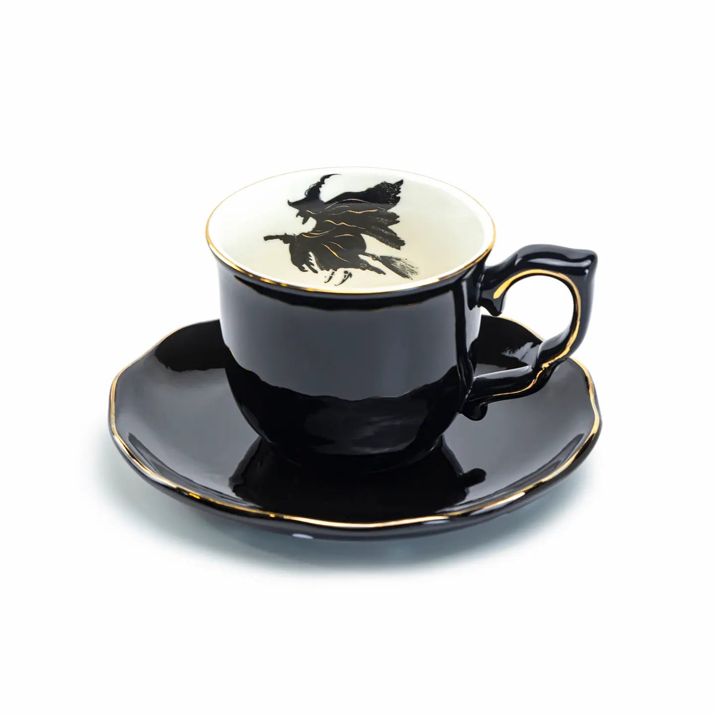 Flying Witch Black and Gold 8.5oz Tea Cup and Saucer