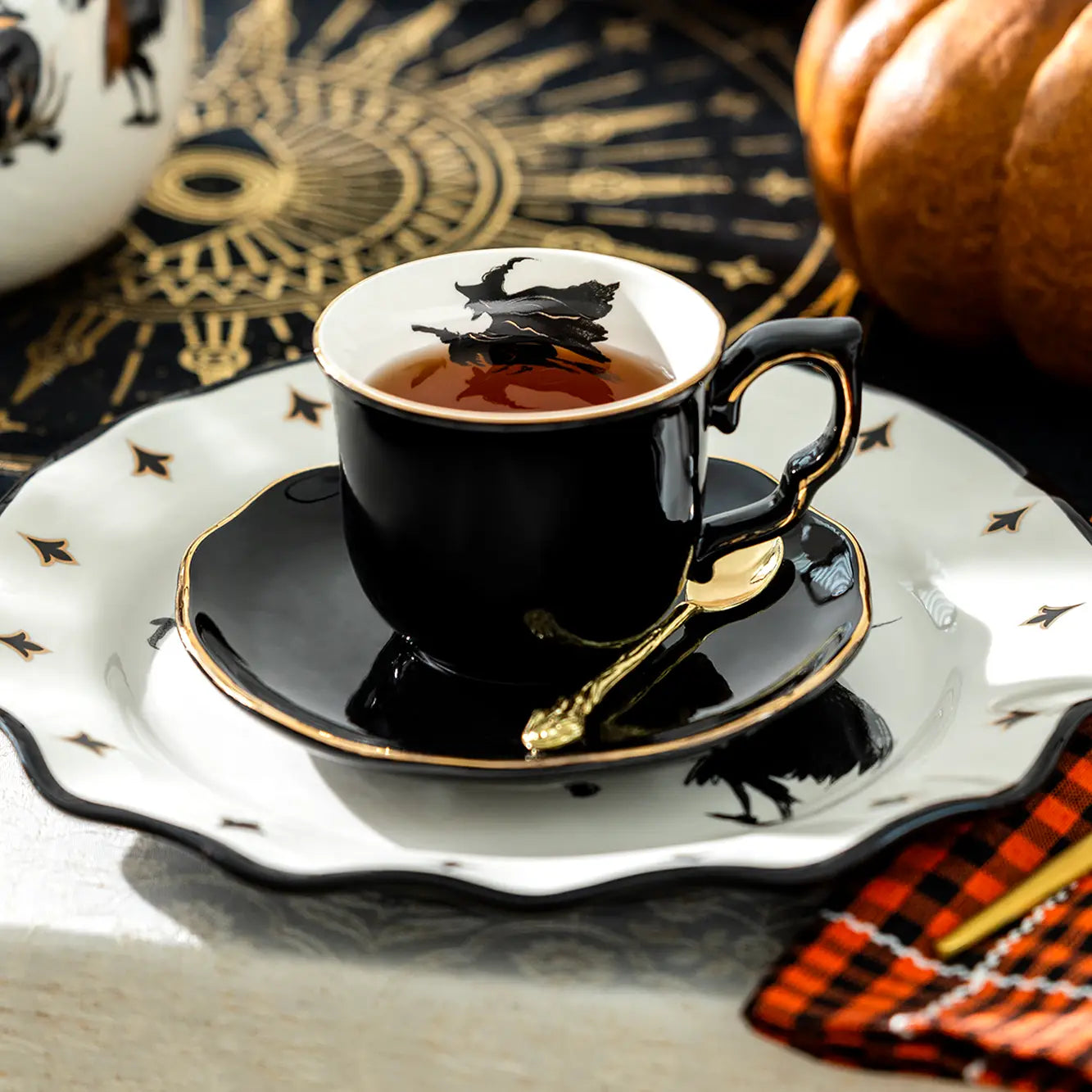 Flying Witch Black and Gold 8.5oz Tea Cup and Saucer