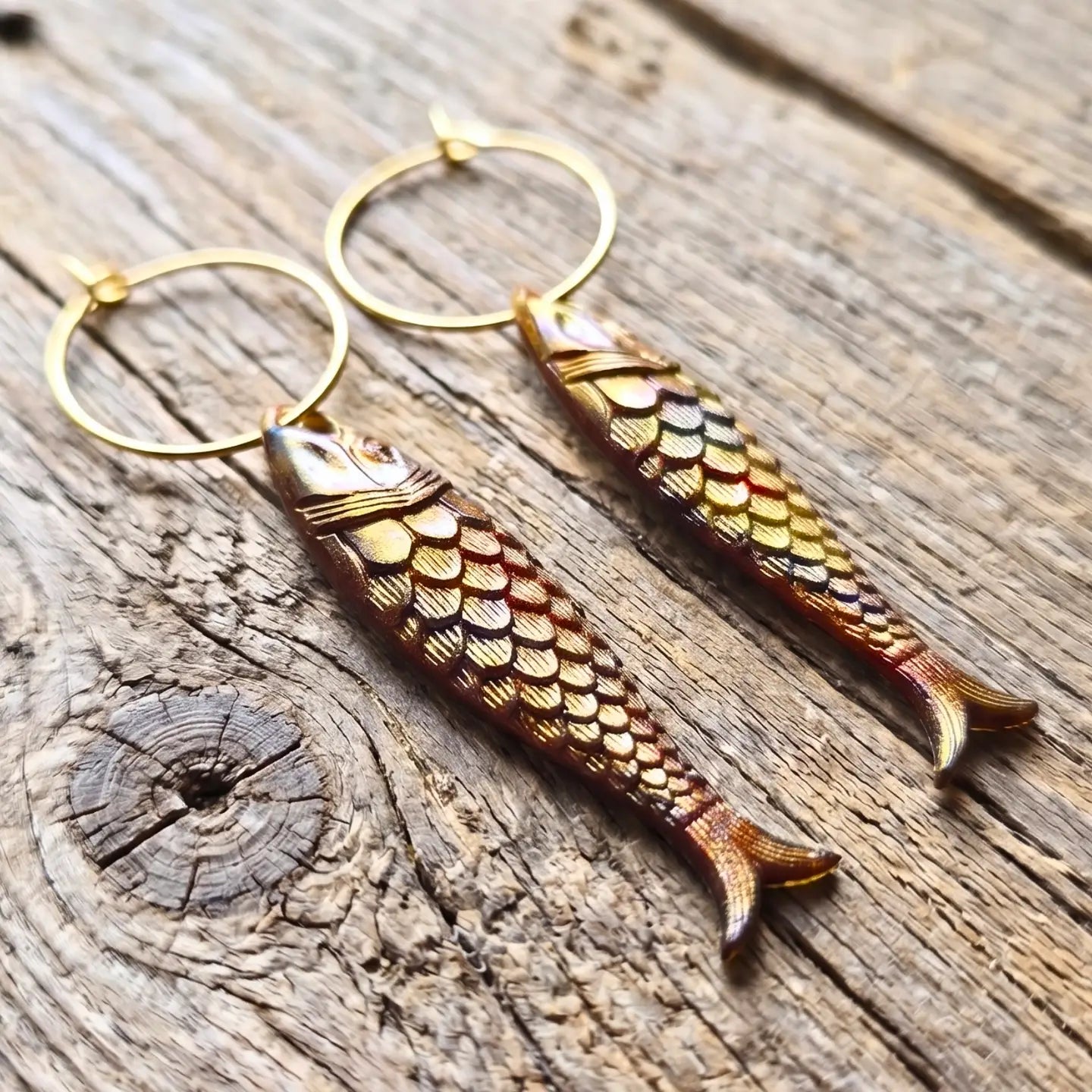 Boho 18k Gold Plated Fish Hoop Earrings – Detailed German Resin Charms
