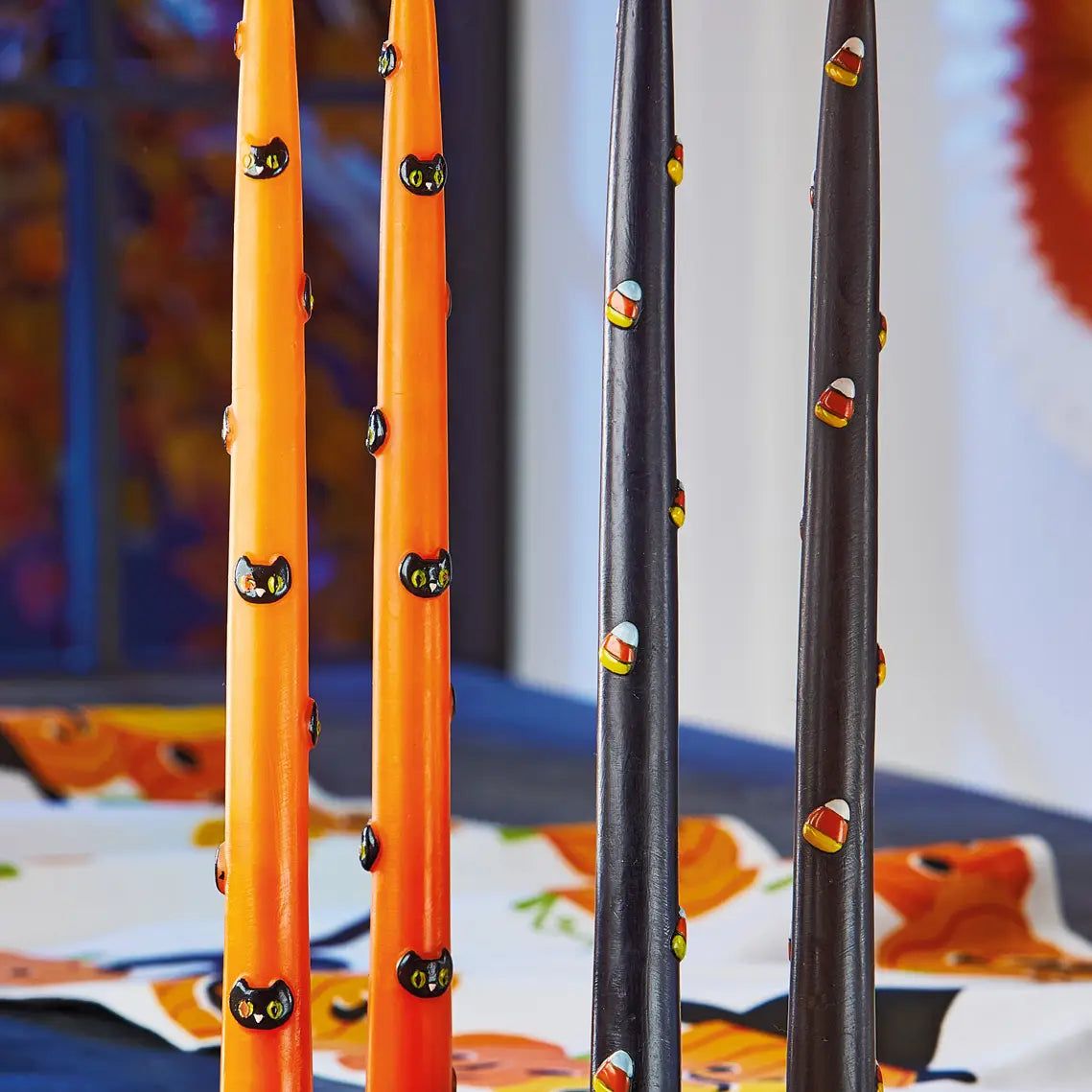 Candy Corn Hand Painted Taper Candles Set of 2 Black Multi