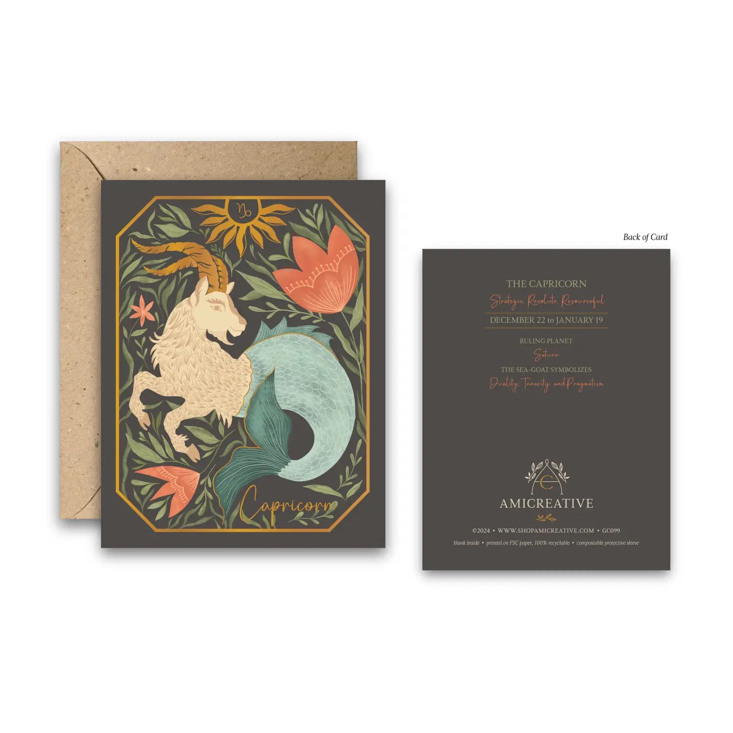 The Capricorn Zodiac Garden Gold Foil Greeting Card