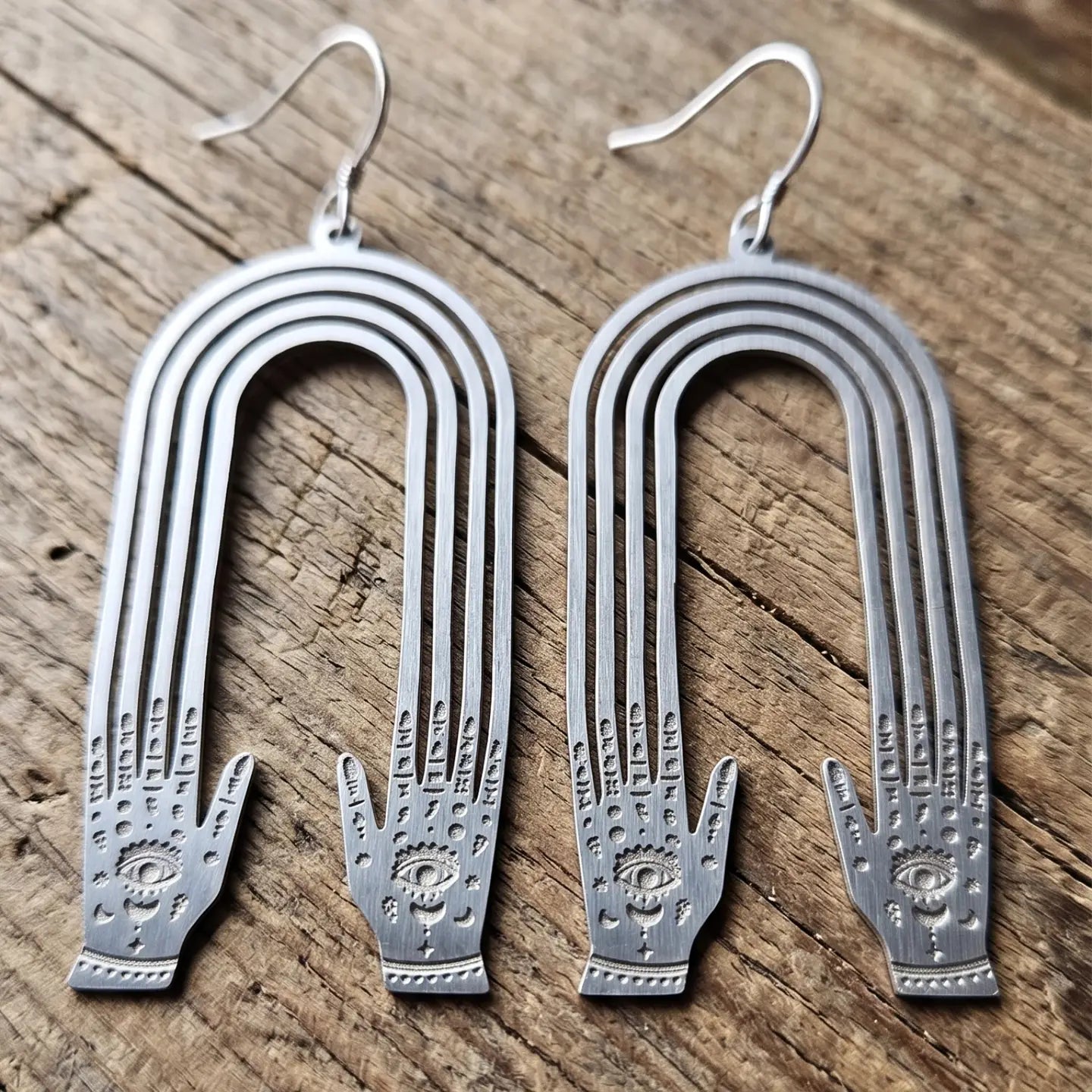 Edgy Boho Stainless Steel Hand & Evil Eye Statement Earrings – Mystic Arch Dangle Earrings