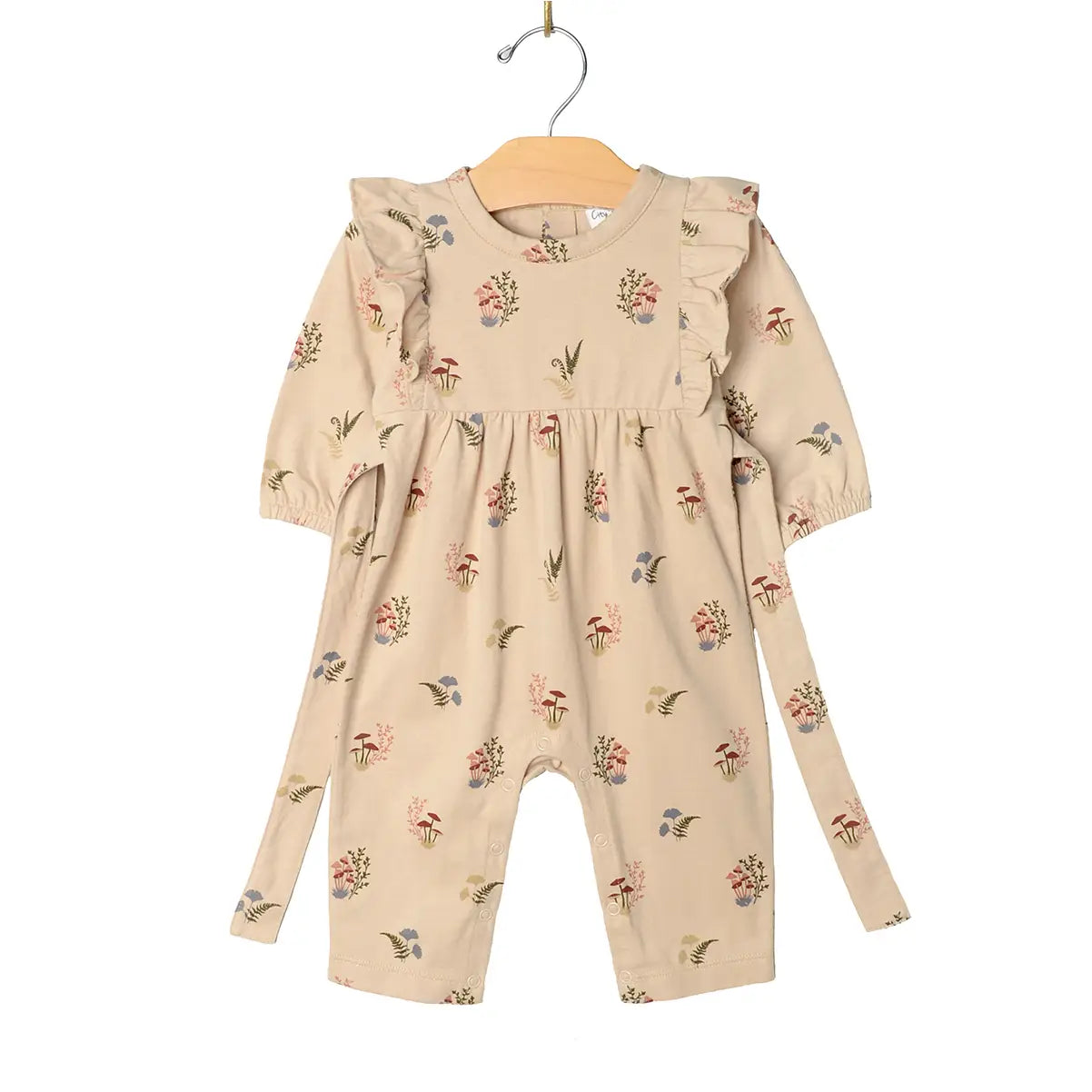 Flutter Ruffle Sleeve Long Romper with buttons-Fall Mushrooms