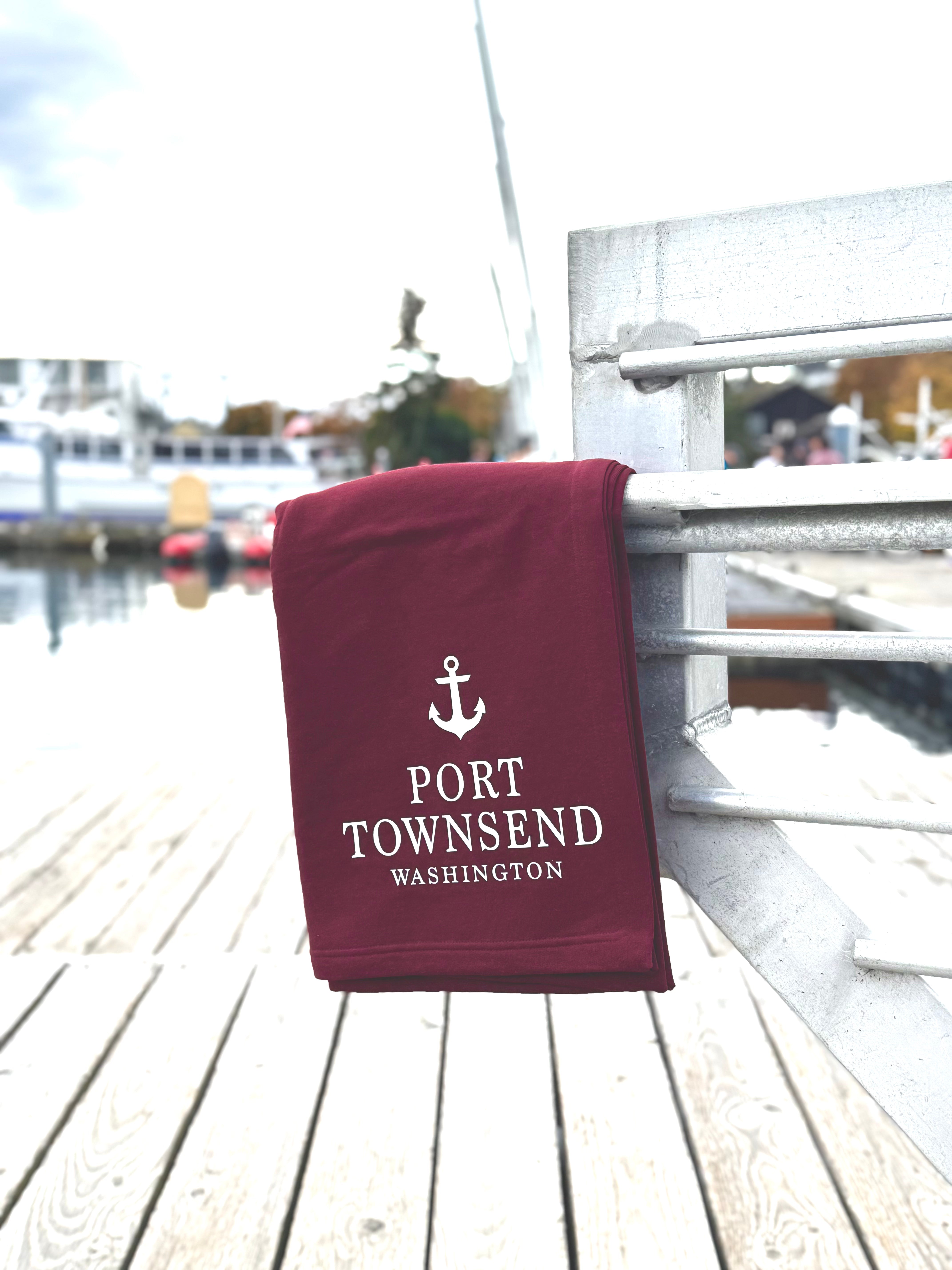 Port Townsend WA Anchor Sweatshirt Throw Blanket - Maroon