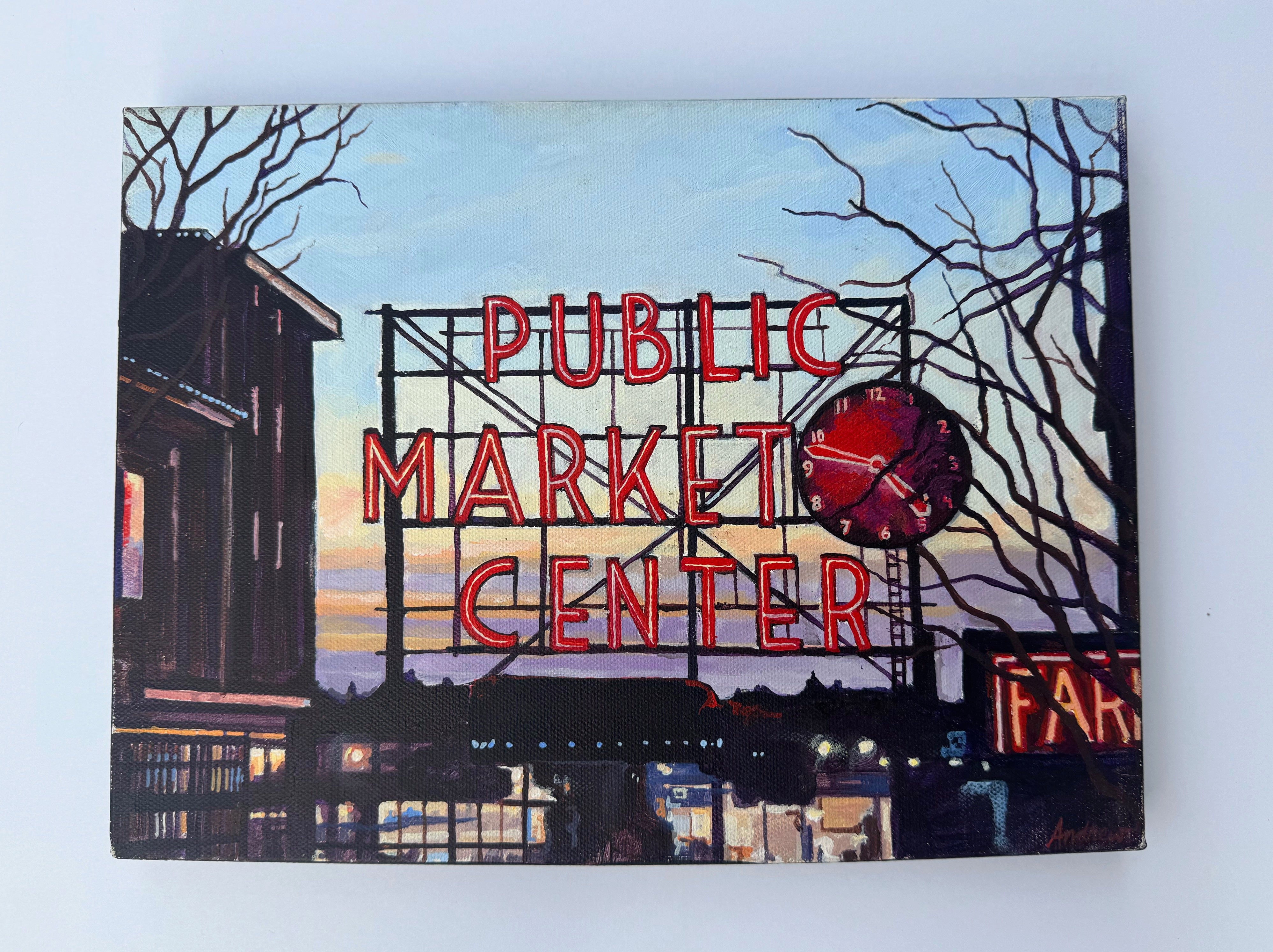 “Public Market Center Clock and Sign” Original Acrylic Painting by Andrew Sheldon