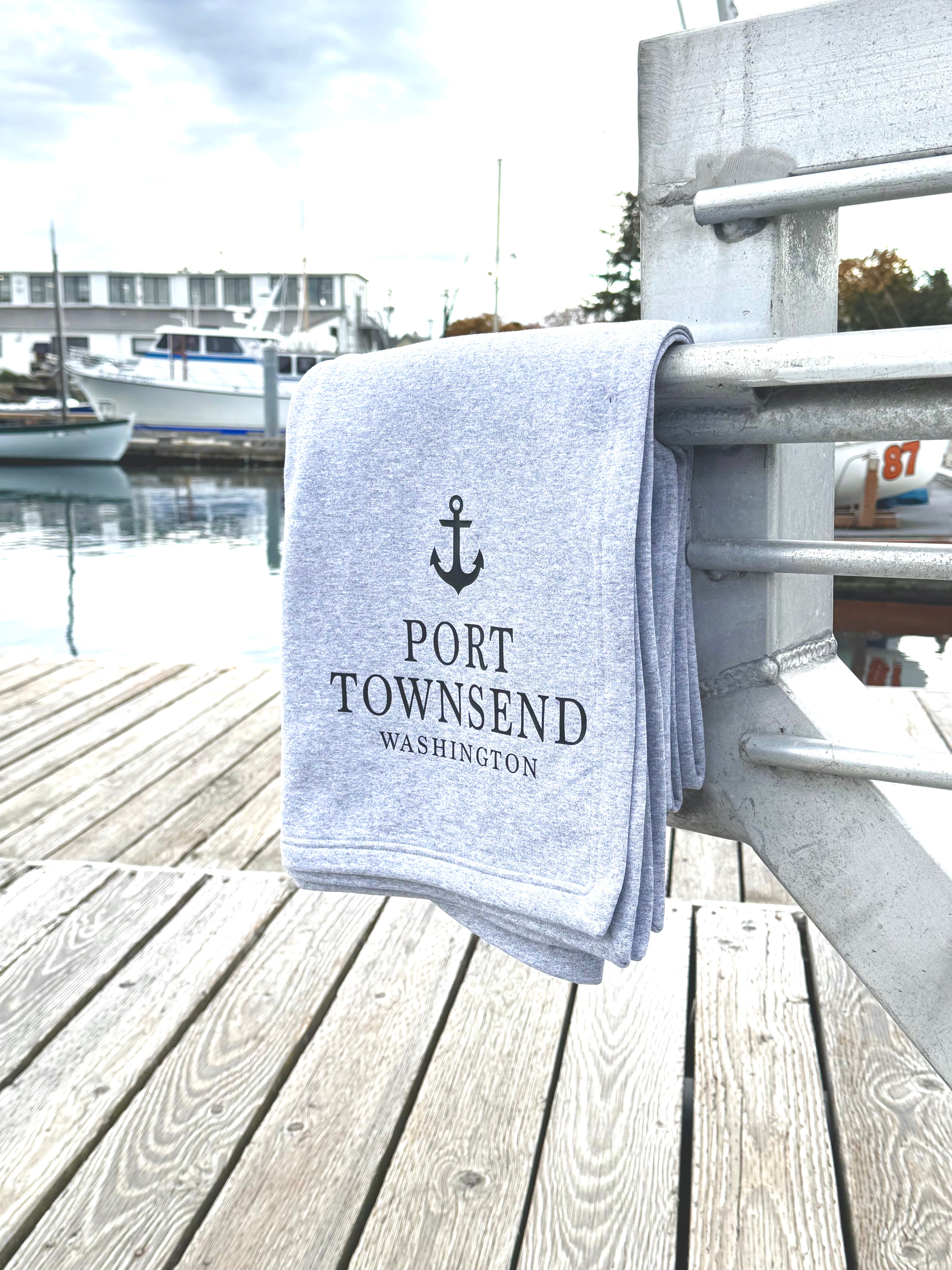 Port Townsend WA Anchor Sweatshirt Throw Blanket - Gray