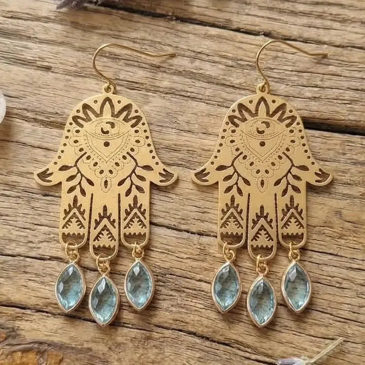Hamsa Hand Dangle Earrings – Raw Brass & Faceted Glass