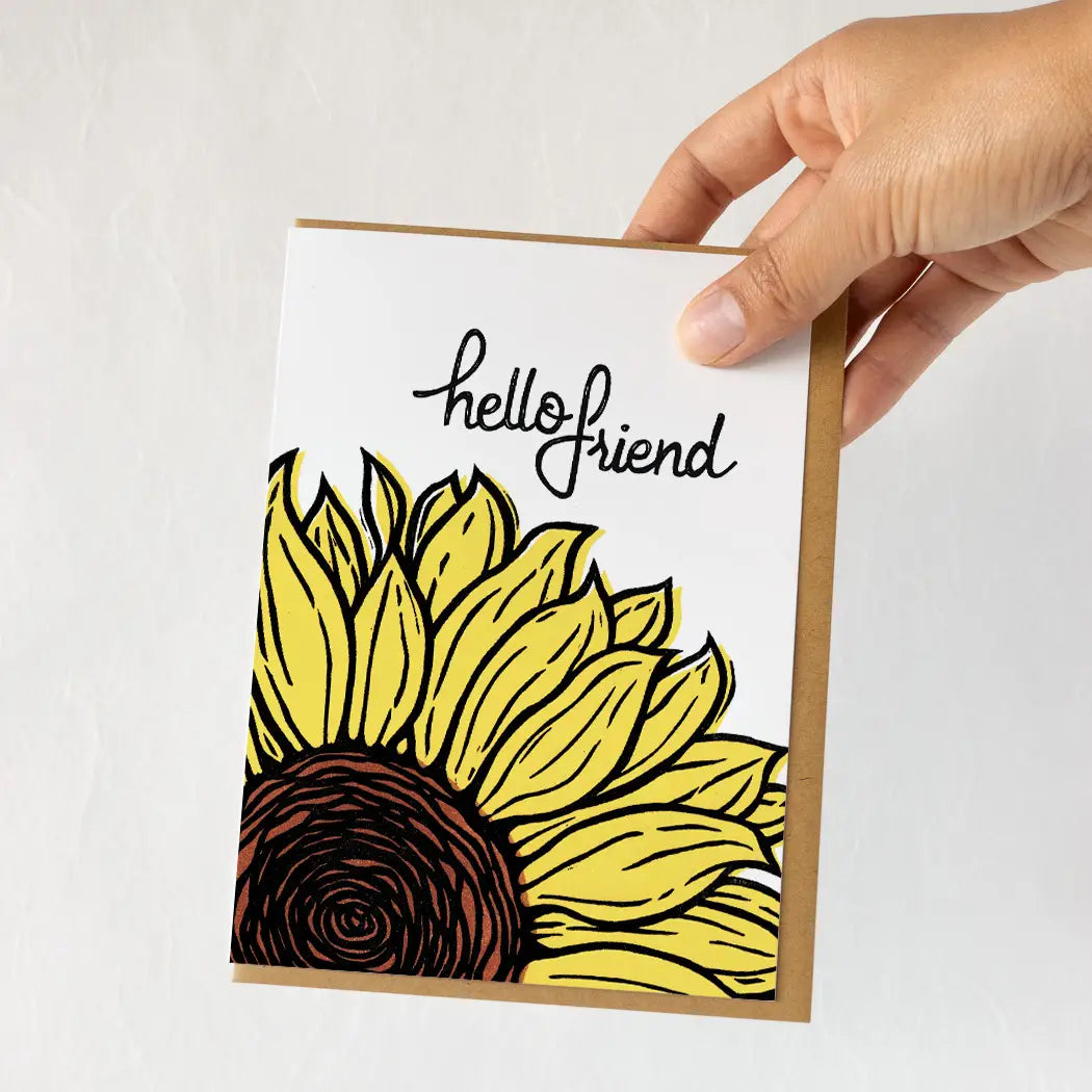 Hello Friend Sunflower Blank Inside Greeting Card