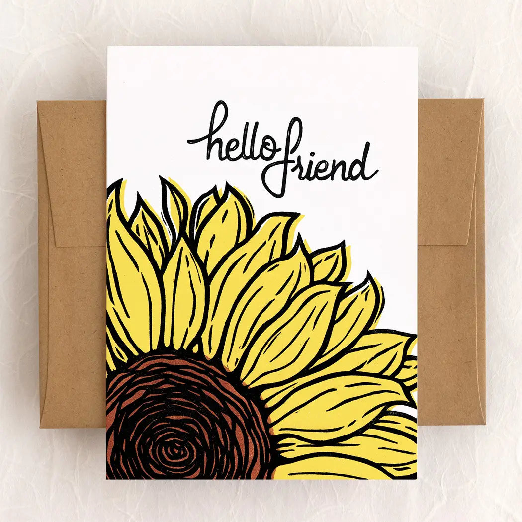 Hello Friend Sunflower Blank Inside Greeting Card