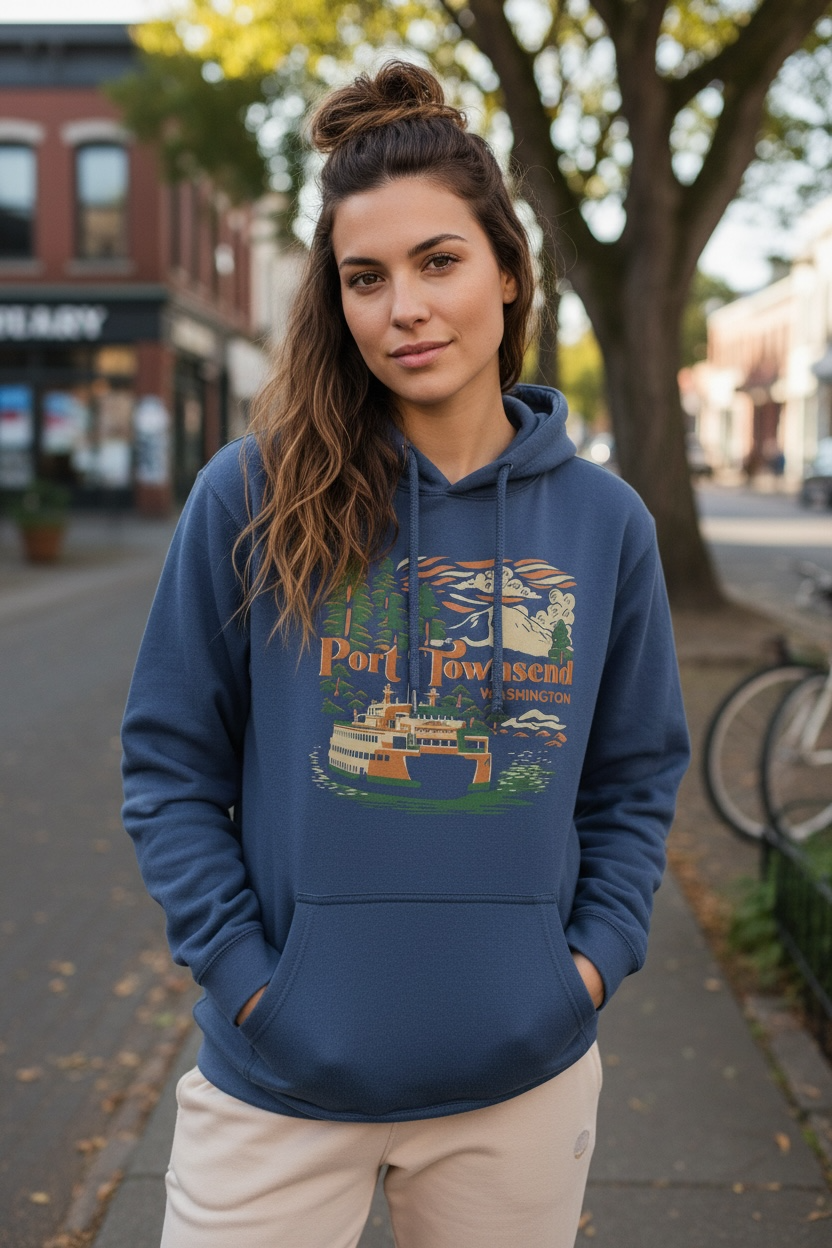 Port Townsend Vintage Ferry Ride Unisex Hoodie | Indigo