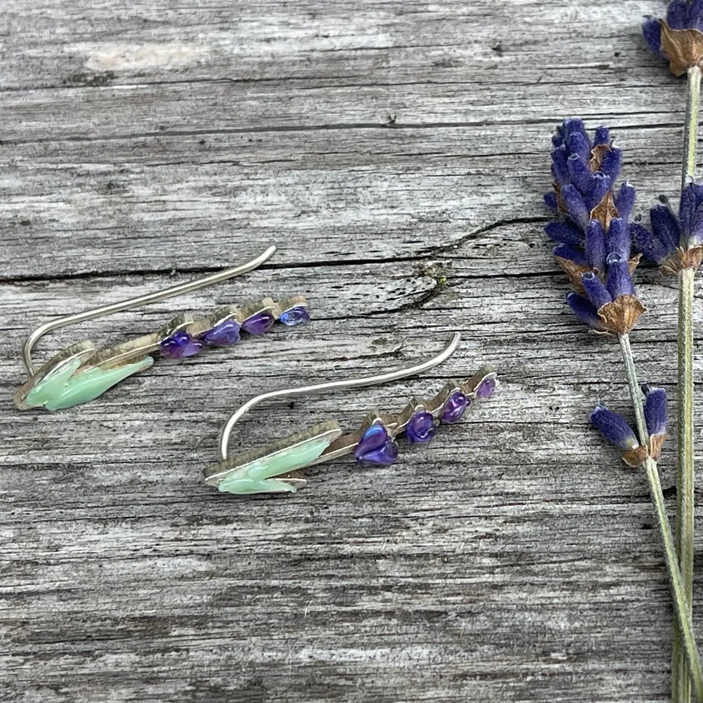 Lavender Ear Climber Earring Set Handcrafted Glass, Silver