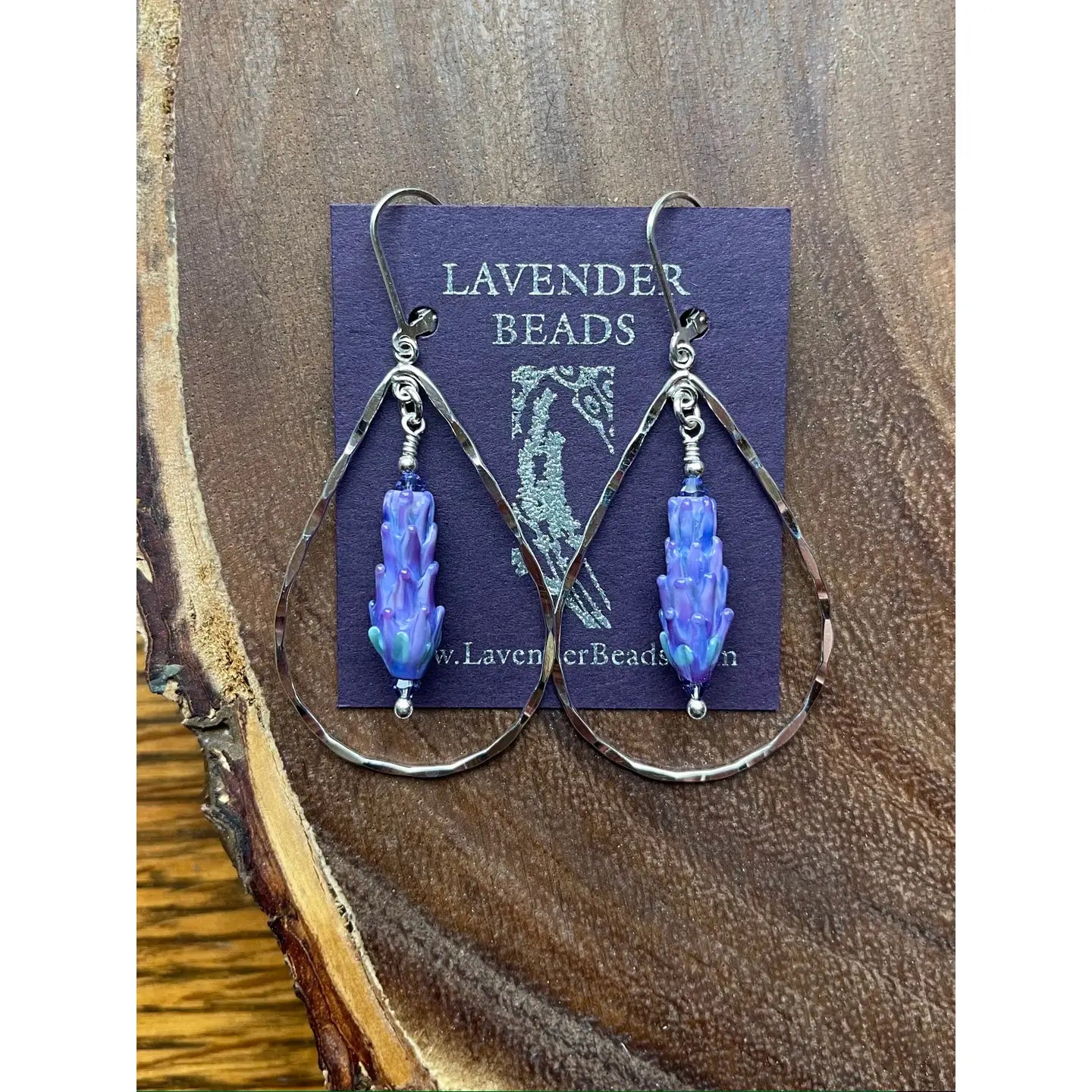 Lavender Flower Teardrops Hammered Silver Glass Earrings Dark Blue