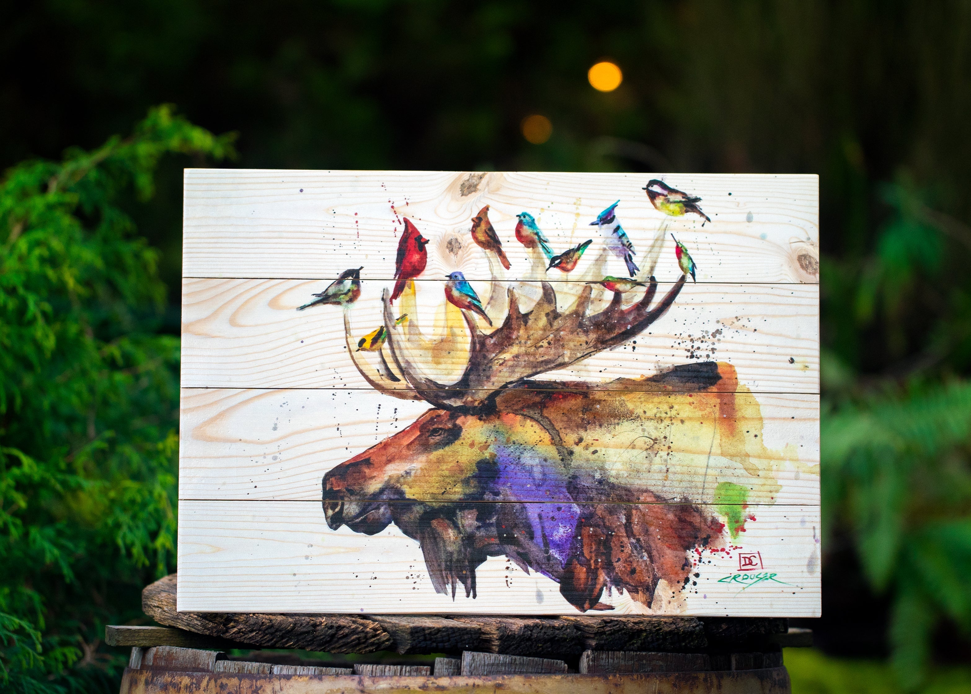 Moose and Birds Wood Print
