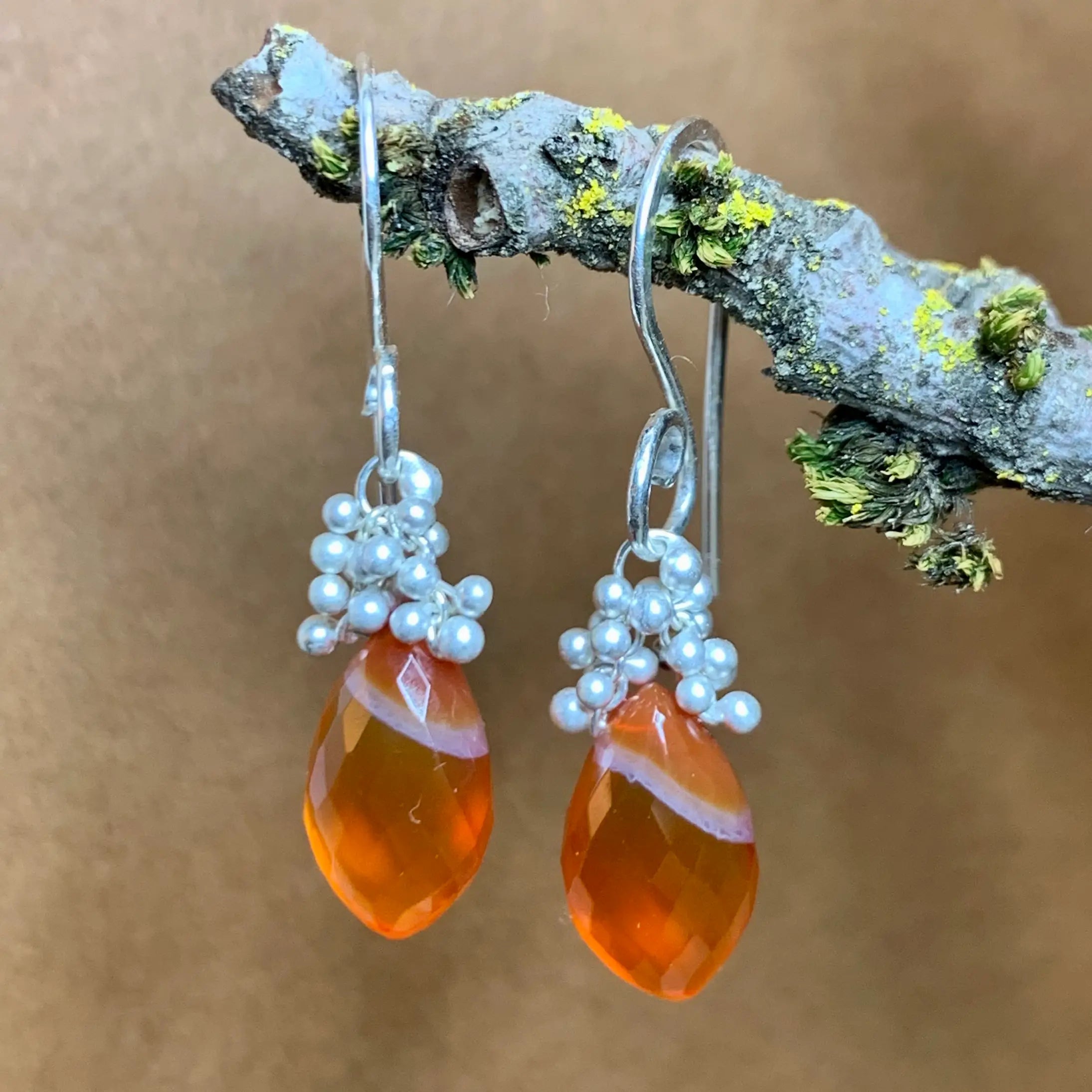 Orange Lace Chalcedony Caviar Dew Drop Earrings