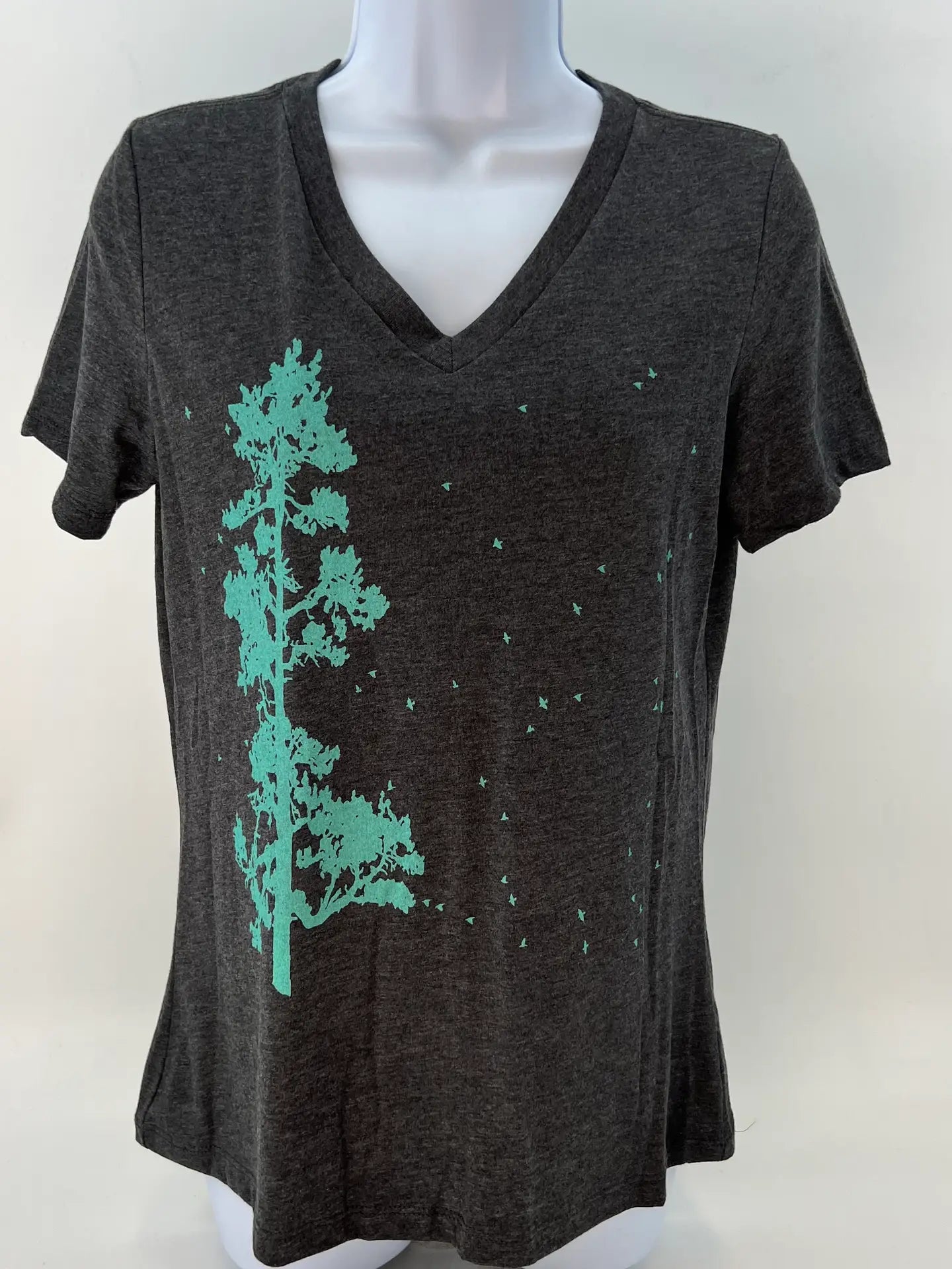 Pine Tree Flock Women's Dark Grey Heather V-Neck Tee Shirt