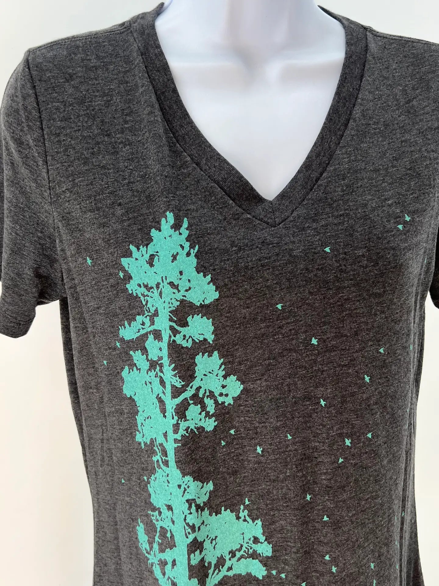 Pine Tree Flock Women's Dark Grey Heather V-Neck Tee Shirt