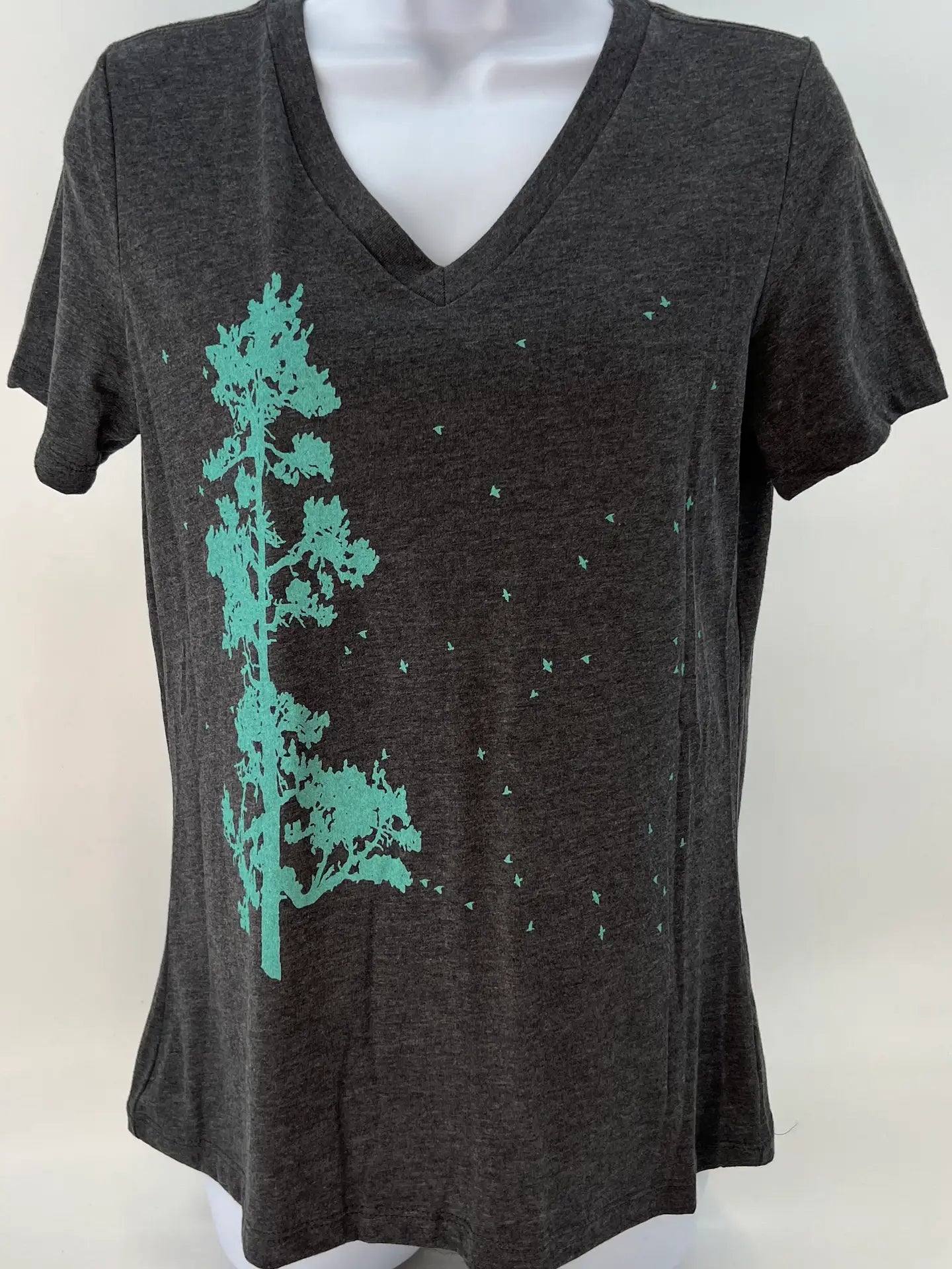 Pine Tree Flock Women's Dark Grey Heather V-Neck Tee Shirt