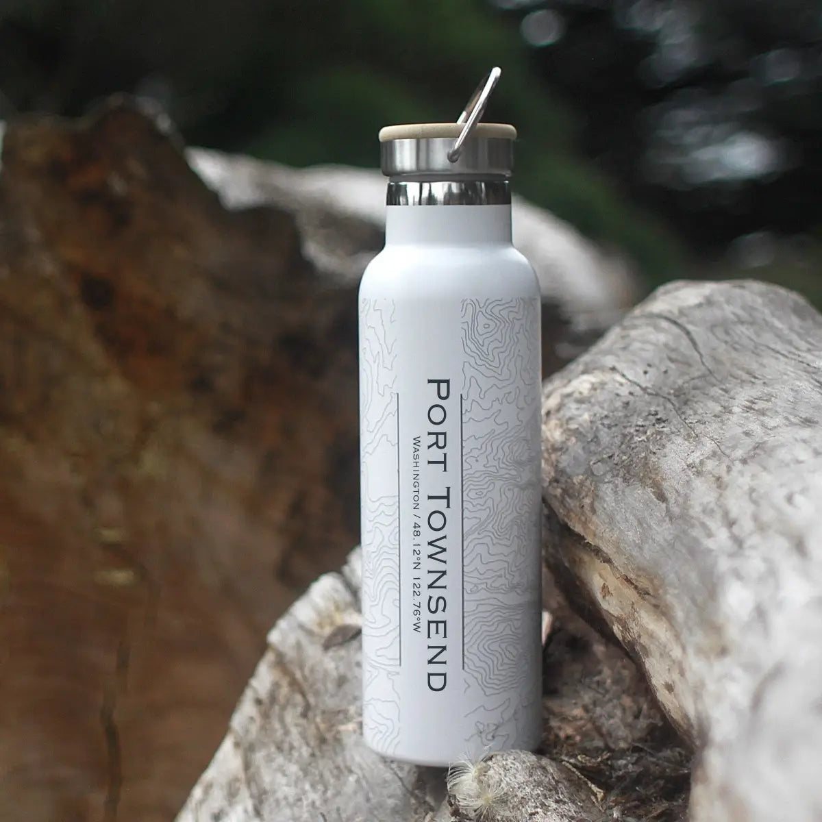 Port Townsend Wa Map Bottle with Bamboo Top in Matte White