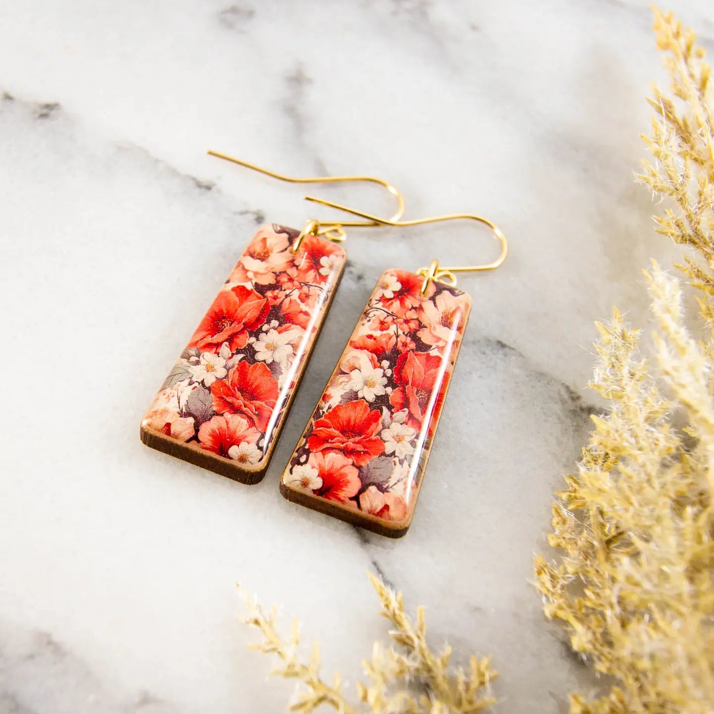 Rose + Taupe Floral Garden Tapered Rectangle Earrings