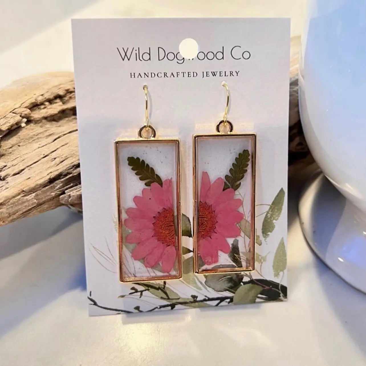Real Pink Daisy and Brass Earrings