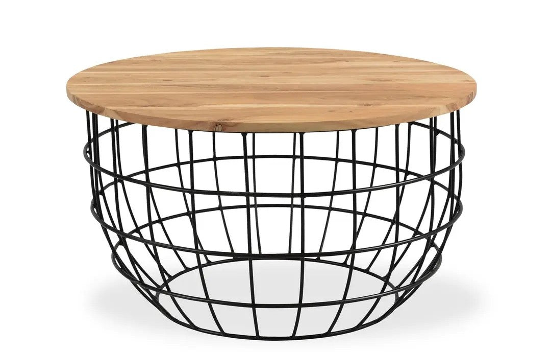 Solid Wood Round Coffee Table with Glass Top