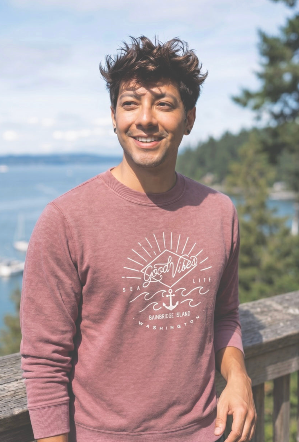 Good Vibes Sea Life Fleece Sweatshirt Crew Redwood